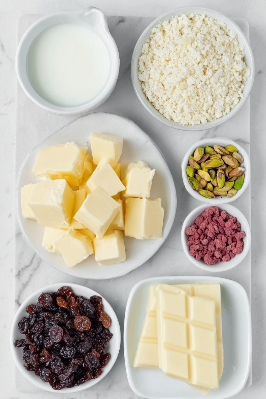Flat lay of sweetened condensed milk in a small white ceramic bowl, a few cubes of golden butter on a white ceramic plate, a mound of finely crushed Girl Guide biscuits on a white ceramic dish, a small pile of vibrant dried cranberries in a white ceramic bowl, a handful of fresh green pistachios with shells on a simple white ceramic plate, a block of smooth white chocolate on a white ceramic dish, vegetable oil in a small white ceramic bowl, a sprinkle of crushed freeze-dried raspberries in a white ceramic bowl placed on a clean white marble surface, soft natural light, photo taken with an iPhone, professional food photography style, fresh ingredients, white ceramic bowls, no bottles, no duplicates, no utensils, no packaging --ar 2:3 --v 7 --p m7354615311229779997 - Cranberry Pistachio White Chocolate Slice, Cranberry Pistachio No-Bake Dessert, White Chocolate Fruit Slice, Festive Holiday Cheesebar, Easy No-Bake Cranberry Slice