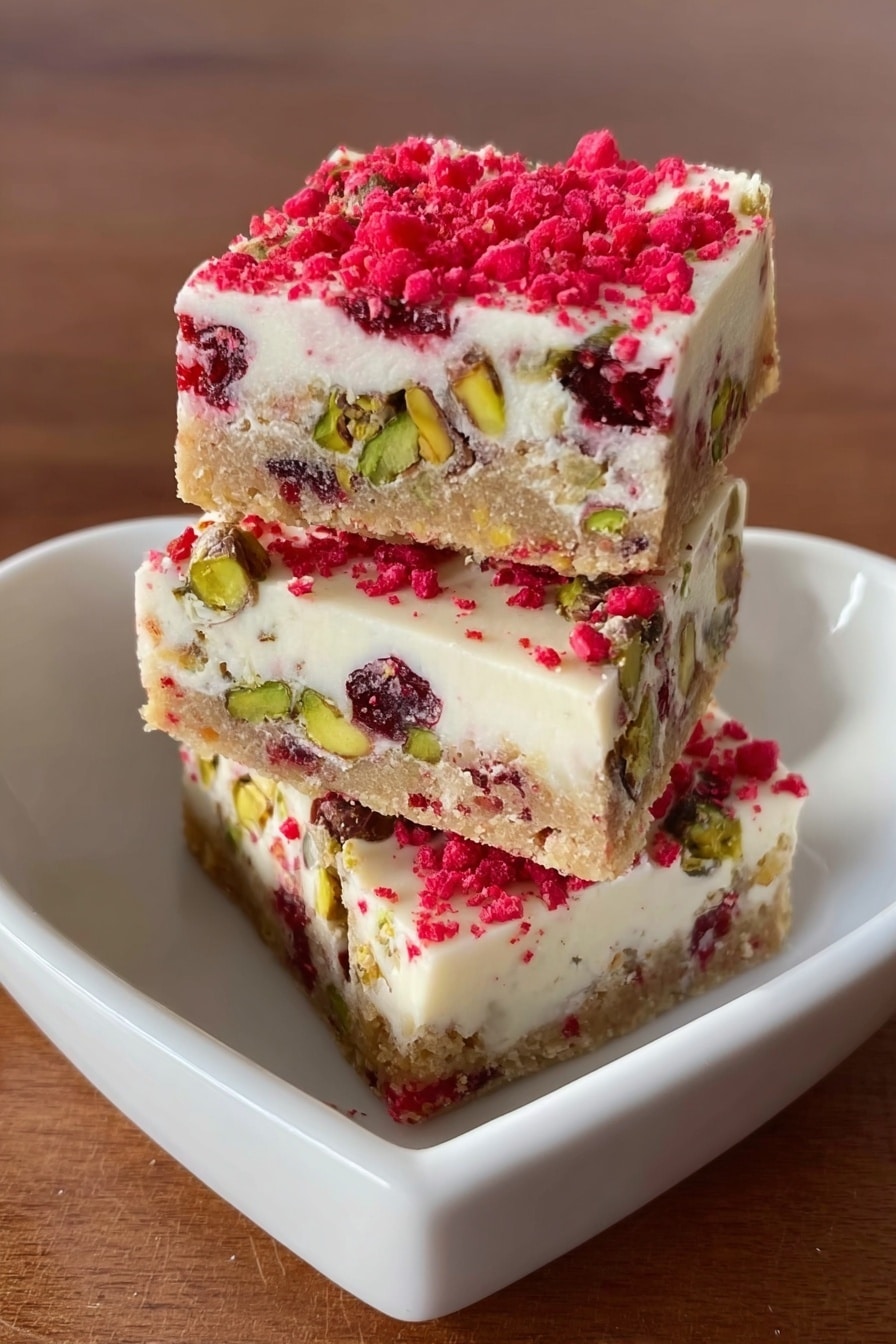 Three dessert bars are stacked on top of each other in a white heart-shaped plate. Each bar has three layers: a bottom layer of light brown dough with visible green pistachios and red dried fruit pieces embedded within, a thick middle layer of creamy white filling, and a top layer sprinkled with bright red crushed bits. The texture of the dough looks soft and dense, while the white filling is smooth and even. The heart-shaped plate sits on a white marbled surface. photo taken with an iphone --ar 2:3 --v 7 - Cranberry Pistachio White Chocolate Slice, Cranberry Pistachio No-Bake Dessert, White Chocolate Fruit Slice, Festive Holiday Cheesebar, Easy No-Bake Cranberry Slice