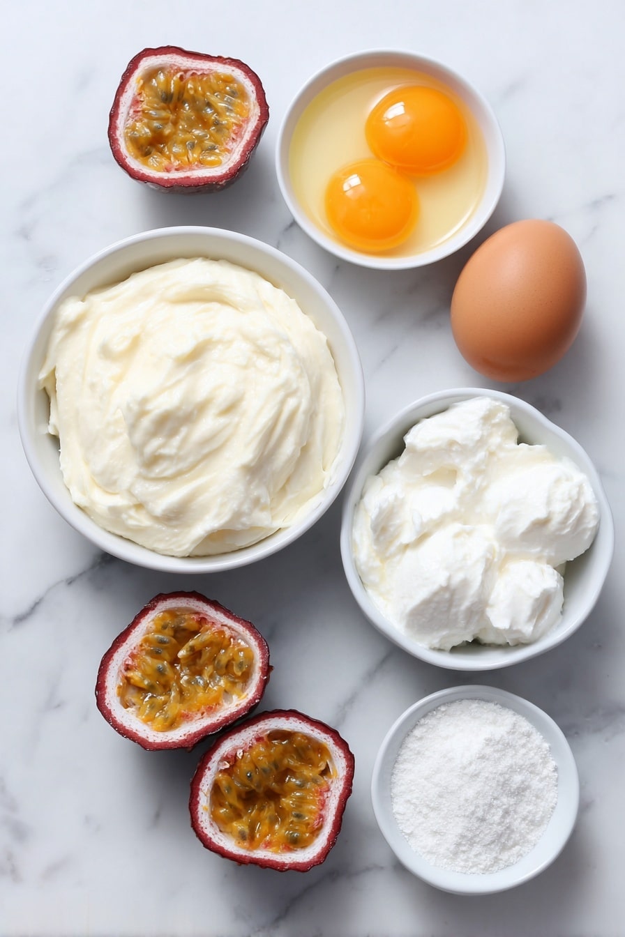 Flat lay of a sheet of rolled sweet short pastry, a small white bowl of glossy sweetened condensed milk, one whole uncracked brown egg, three golden egg yolks in a white bowl, a small white bowl with bright yellow lemon juice, three fresh halved passionfruits showing vibrant orange pulp with black seeds, a small white bowl with three fluffy egg whites, a pinch of salt on the surface, and a small white bowl with fine white caster sugar, all arranged in perfect symmetry on a clean white marble surface, soft natural light, photo taken with an iPhone, professional food photography style, fresh ingredients, white ceramic bowls, no bottles, no duplicates, no utensils, no packaging --ar 2:3 --v 7 --p m7354615311229779997 - Passionfruit Meringue Pie, passionfruit tart, tropical fruit desserts, easy passionfruit pie, citrus meringue dessert
