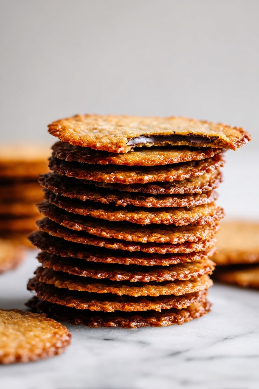 Several thin, round cookies are placed on a white marbled surface in a close, slightly overlapping arrangement. Each cookie has a golden-brown color with a lacy texture full of tiny holes and small dark chocolate chips spread irregularly on top. The edges of the cookies are darker and crisp, while the middle parts look slightly softer with a shiny surface. The cookies are thin and flat, showing a consistent warm golden shade all over, with some lighter and darker spots that create a homemade appearance. photo taken with an iphone --ar 2:3 --v 7 - Almond Lace Cookies with Chocolate Filling, crispy almond lace cookies, chocolate-filled lace cookies, delicate almond cookies, homemade lace cookies