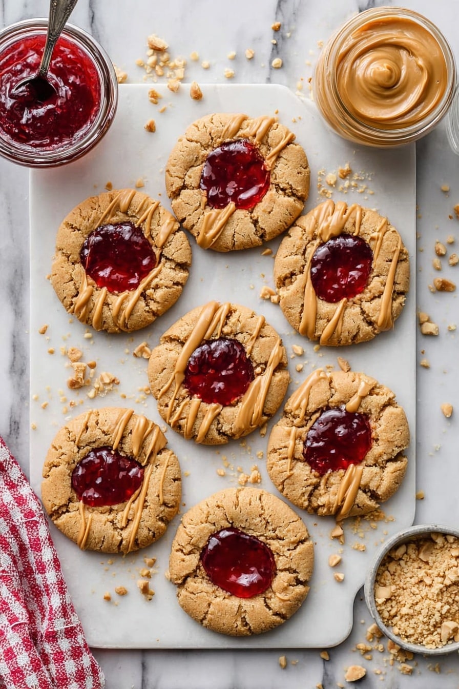 Six cookies are arranged in two rows on a white marble paddle board. Each cookie has a textured, light brown base with a smooth, dark red jam filling in the center. On top of the jam, a light brown sauce is drizzled in thin, uneven lines across the surface of the cookies. Small pieces of crushed nuts are scattered across the cookies and around the board. To the top right of the board, there is a small bowl filled with the light brown sauce and a glass bowl filled with red jam. The background is a white marbled surface with a red and white checkered cloth in the lower left corner. Photo taken with an iphone --ar 2:3 --v 7 - Peanut Butter and Jelly Cookie, peanut butter and jelly cookie recipe, soft chewy cookies, nostalgic cookie recipes, easy peanut butter cookies