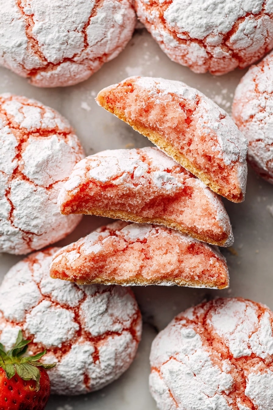The image shows multiple round, soft-looking strawberry cookies with a rough texture, each covered unevenly with white powdered sugar that cracks and spreads across the pinkish-red surface. One cookie is split in half, showing a moist, dense inside that is bright pink with a slightly darker edge. A fresh red strawberry with green leaves sits among the cookies. The cookies rest on a white marbled surface. photo taken with an iphone --ar 2:3 --v 7 - Strawberry Crinkle Cookies, strawberry cookie recipe, easy strawberry cookies, no-bake strawberry treats, soft chewy strawberry cookies