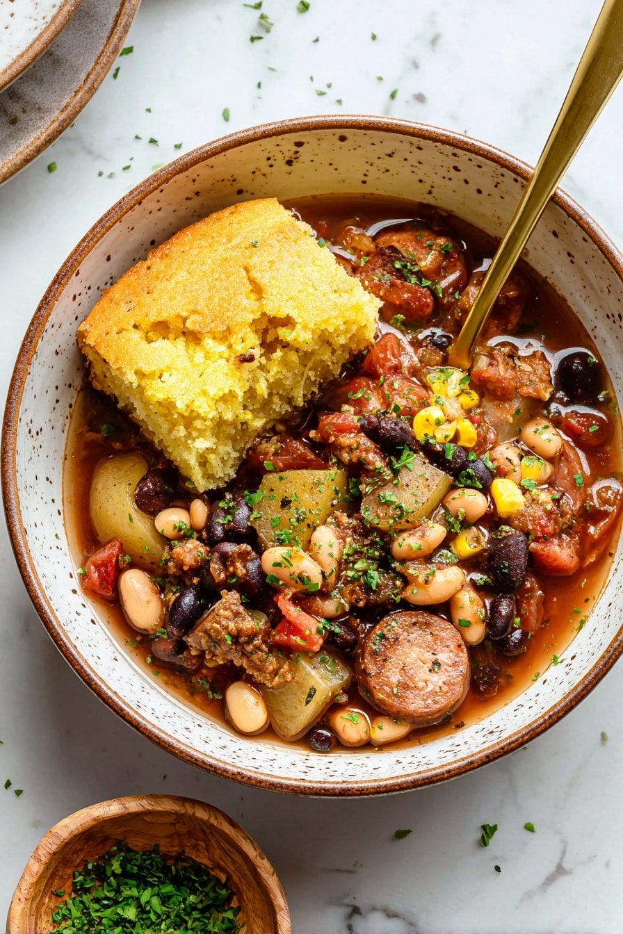 The image shows a large white pot filled with a rich, thick stew. The stew has many layers: chunks of yellow potatoes, round slices of orange sausage, small pieces of cooked ground meat, whole brown beans, black beans, and yellow corn kernels, all mixed together in a deep red tomato-based broth. There are green bits of fresh parsley sprinkled on top. A wooden spoon with a smooth, dark handle is partly submerged in the stew, scooping some of the ingredients. The pot is placed on a white marbled surface, and the edges of the pot show some sauce stains. photo taken with an iphone --ar 2:3 --v 7 - Hearty Texas Cowboy Stew, Texas Cowboy Stew, hearty stew recipes, smoky beef sausage stew, comforting Texas stew