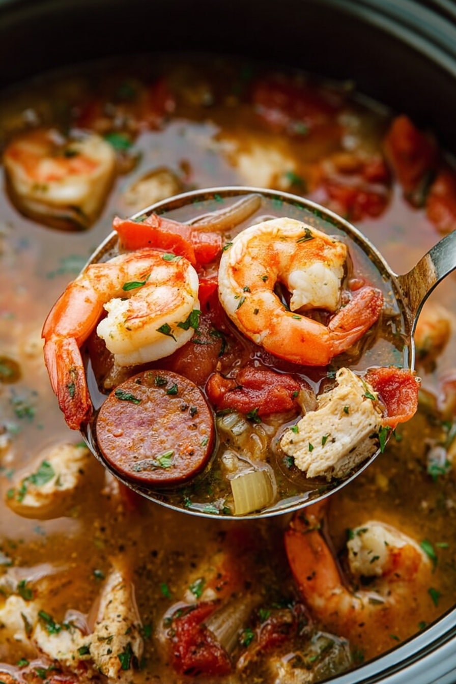 A close-up view of a ladle full of shrimp, sausage slices, and cauliflower pieces sitting in a rich broth. The ladle holds large orange-pink shrimp with white segments, two brown sausage slices with a slightly rough texture, and small off-white cauliflower pieces, all mixed with bright red tomato chunks and small green herb sprinkles. The broth is a warm brownish color with visible herbs and spices floating in it. The background shows more shrimp and similar ingredients in the white marbled pot. photo taken with an iphone --ar 2:3 --v 7 - Slow Cooker Cajun Jambalaya, Cajun Jambalaya Recipe, Easy Cajun Jambalaya, Crockpot Cajun Dish, Spicy Cajun Rice and Seafood