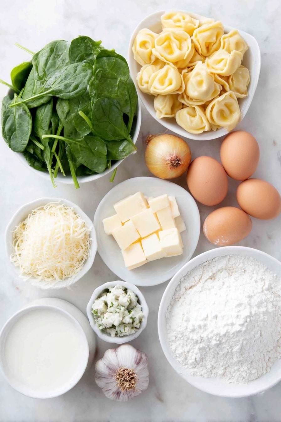 Flat lay of fresh green spinach leaves, a small pile of refrigerated three cheese tortellini, a few cubes of pale Neufchatel cheese, a small mound of finely shredded parmesan cheese, a small yellow onion whole and unpeeled, four whole garlic cloves with skins intact, a small pat of butter, a small white ceramic bowl of milk, a small white ceramic bowl of all-purpose flour, a small white ceramic bowl with chopped artichoke heart quarters, a small bunch of fresh parsley sprigs, two whole brown eggs neatly placed nearby, all arranged symmetrically on simple white ceramic plates and bowls placed on a clean white marble surface, soft natural light, photo taken with an iPhone, professional food photography style, fresh ingredients, white ceramic bowls, no bottles, no duplicates, no utensils, no packaging --ar 2:3 --v 7 --p m7354615311229779997 - Creamy Spinach Artichoke Tortellini, spinach tortellini with artichoke, easy creamy cheese tortellini, healthy comfort food recipes, quick dinner ideas