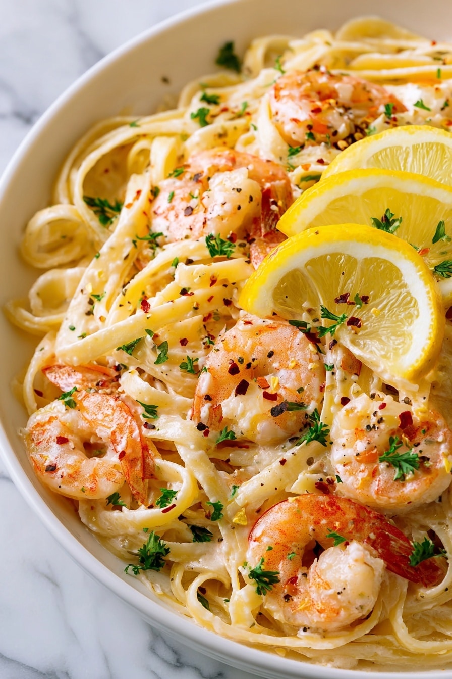 A white oval plate filled with creamy pasta mixed with pale yellow noodles layered evenly, topped with bright orange shrimp scattered across the top. Small pieces of green parsley are sprinkled all over, adding pops of color. A few yellow lemon wedges are placed on the sides of the plate. The creamy sauce lightly coats the noodles and shrimp, with a slight shine. The background is a white marbled texture with a wooden spoon partly visible in the upper right corner. photo taken with an iphone --ar 2:3 --v 7 - Creamy Lemon Shrimp Pasta, lemon shrimp pasta, creamy seafood pasta, quick shrimp pasta recipe, easy lemon pasta