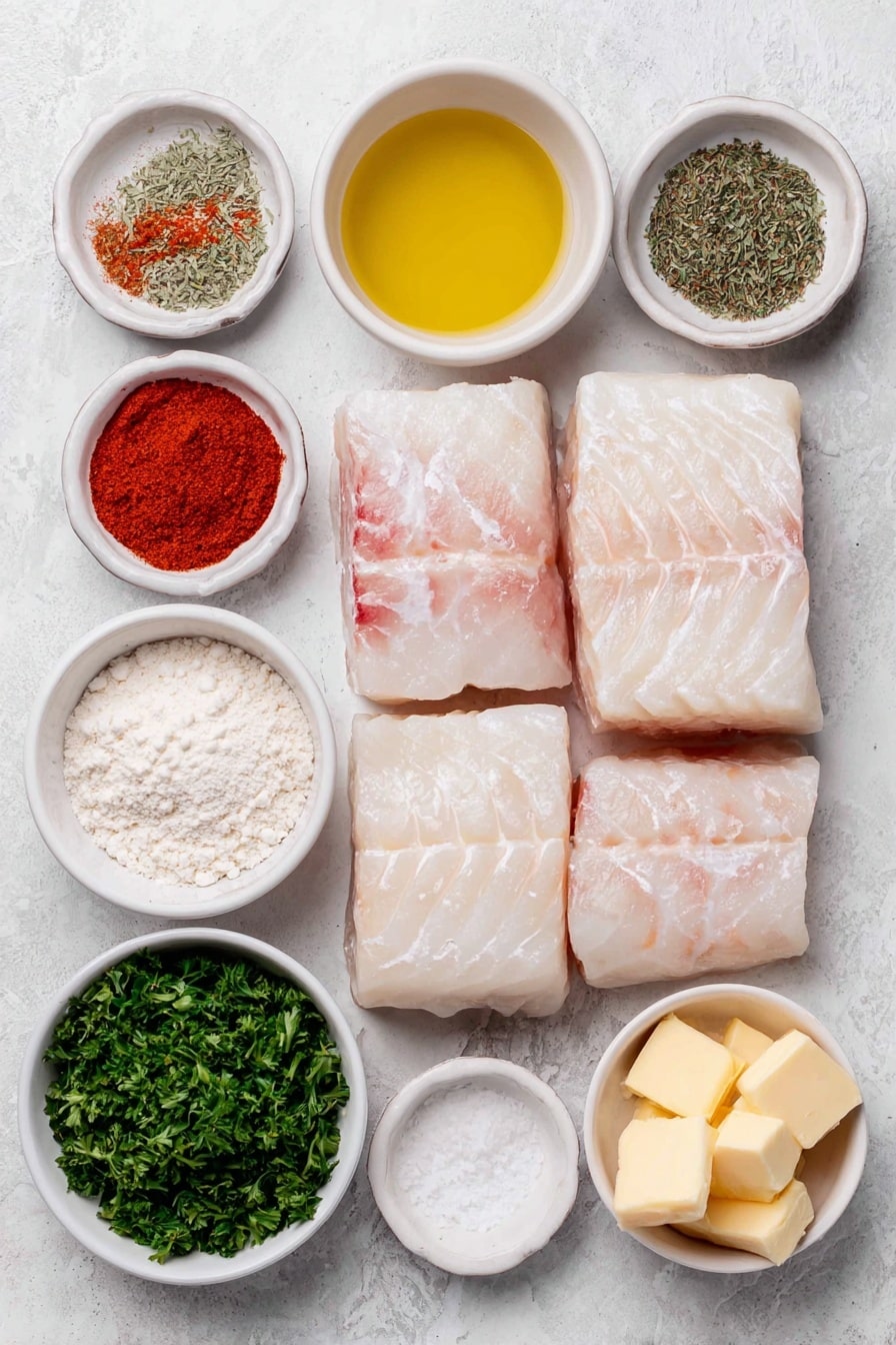 Flat lay of fresh, skinless cod fillets, thick and pale pink-white, a small white ceramic bowl of all-purpose flour, a small white ceramic bowl with a red-orange paprika powder, a small white ceramic bowl with light tan onion powder, a small white ceramic bowl with dried greenish thyme, a small white ceramic bowl with dried oregano leaves, a small white ceramic bowl with bright reddish cayenne pepper powder, a small white ceramic bowl of coarse sea salt, a small white ceramic bowl of freshly ground black peppercorns, small pieces of pale yellow Danish butter arranged neatly, a small white ceramic bowl with golden olive oil, a small white ceramic bowl of minced fresh garlic, a small white ceramic bowl of light golden chicken broth, a small white ceramic bowl with bright yellow fresh lemon juice, a small bunch of bright green chopped fresh parsley, all arranged symmetrically on a clean white marble surface, soft natural light, photo taken with an iPhone, professional food photography style, fresh ingredients, white ceramic bowls, no bottles, no duplicates, no utensils, no packaging --ar 2:3 --v 7 --p m7354615311229779997 - Lemon Butter Cod, lemon butter fish, easy seafood dinner, quick fish recipes, flaky cod dishes