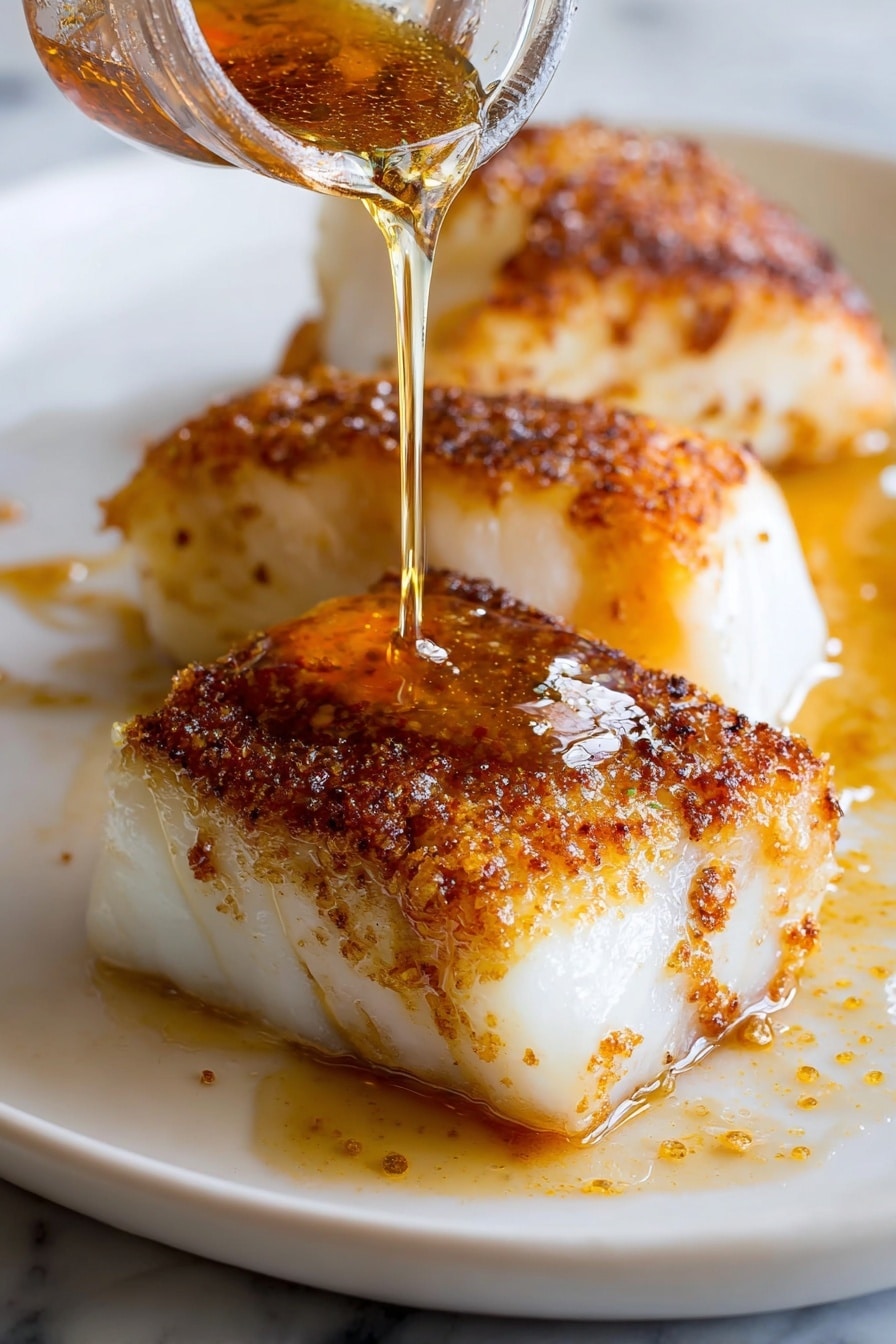 A white oval plate holds four pieces of golden brown cooked fish, each topped with chopped green herbs and small bits of garlic in a light buttery sauce. Thin slices of bright yellow lemon wedge around and under the fish pieces, adding a fresh touch. The plate sits on a white marbled surface beside a wrapped stick of Danish Creamery European style butter in blue and yellow packaging. To the right, a fresh whole lemon and a small bunch of green parsley tied with string rest on the marbled surface. A striped cloth napkin is placed to the left, and wooden plate with silver forks is partially visible on the right edge. photo taken with an iphone --ar 2:3 --v 7 - Lemon Butter Cod, lemon butter fish, easy seafood dinner, quick fish recipes, flaky cod dishes