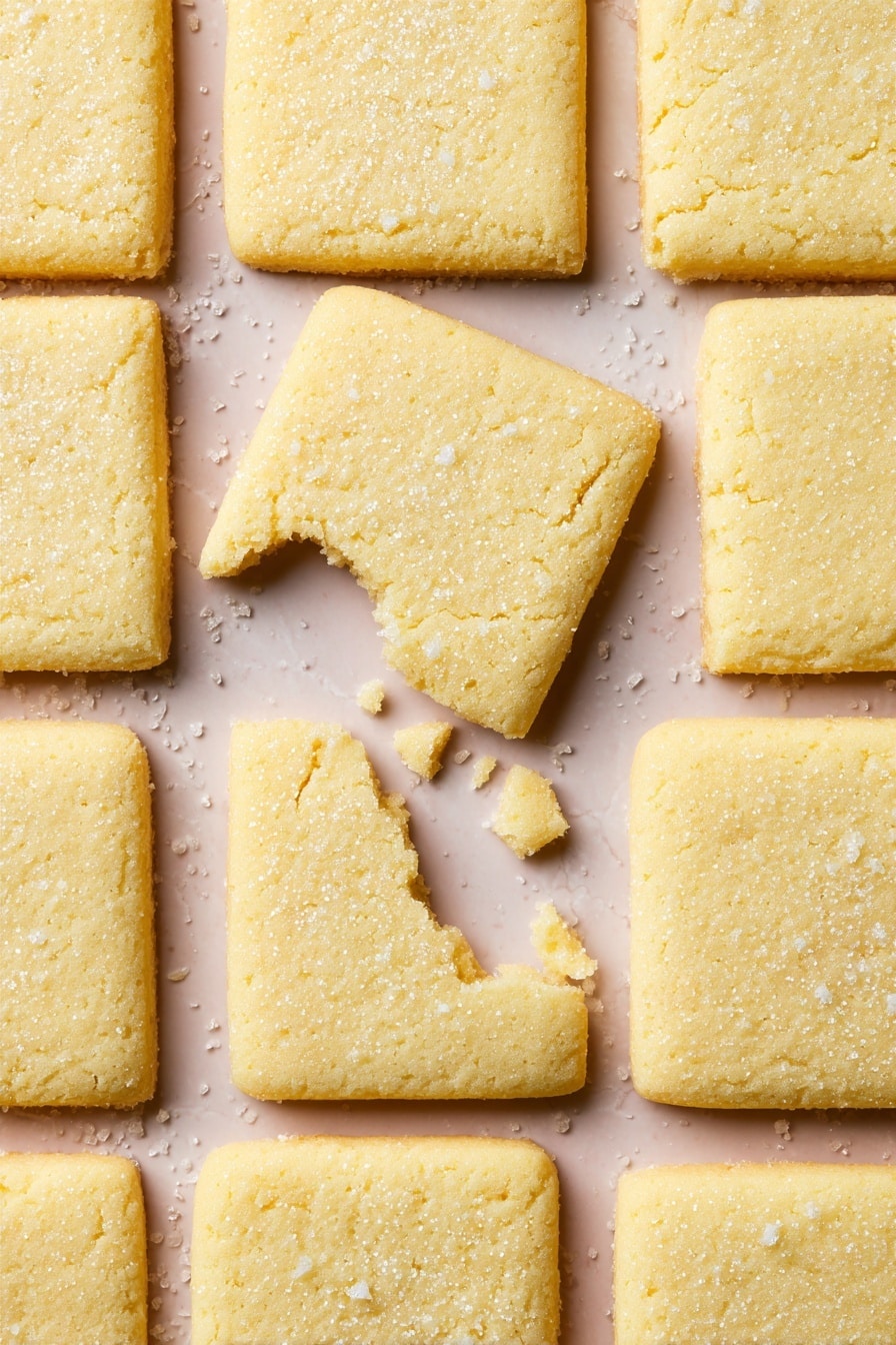 A woman's hand is holding a light beige square cookie with a rough surface texture sprinkled with coarse sugar, above a white marbled surface covered with parchment paper. Below, several similar square cookies are spaced out evenly, showing the same flat shape and sugar sprinkle. The background is soft and bright, focusing on the cookie being held. photo taken with an iphone --ar 2:3 --v 7 - Buttery Shortbread Cookies, Shortbread Cookies Recipe, Easy Shortbread Cookies, Classic Shortbread Cookies, Homemade Shortbread Cookies