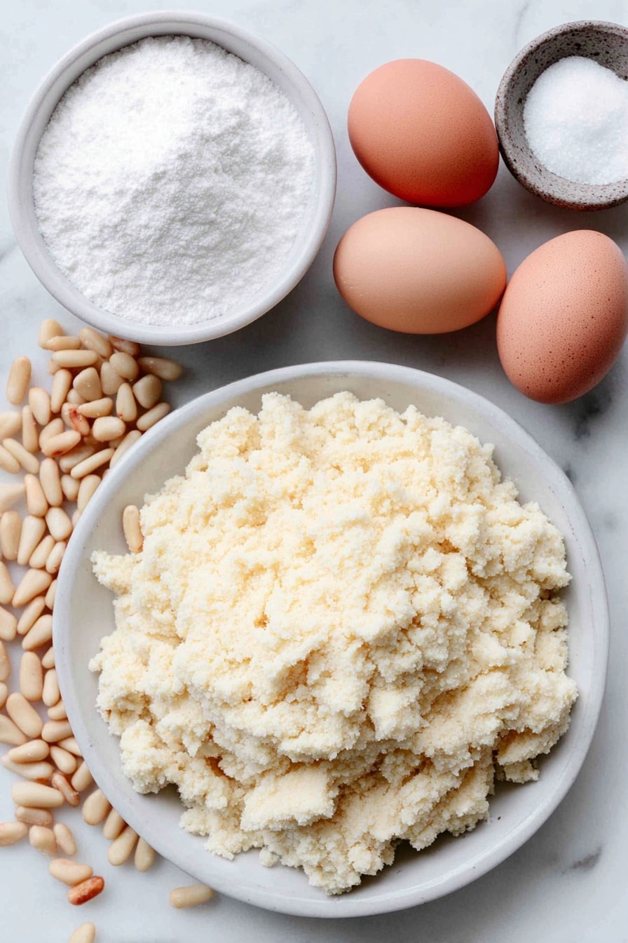 Flat lay of crumbled almond paste on a simple white ceramic plate, a small white ceramic bowl filled with fine powdered sugar, two whole uncracked brown eggs with clean shells resting beside a small white ceramic bowl holding kosher salt, and a shallow white ceramic plate heaped with fresh pine nuts, all arranged with perfect symmetry and balanced proportions, placed on a clean white marble surface, soft natural light, photo taken with an iPhone, professional food photography style, fresh ingredients, white ceramic bowls, no bottles, no duplicates, no utensils, no packaging --ar 2:3 --v 7 --p m7354615311229779997 - Pine Nut Almond Pignoli Cookies, easy pignoli cookie recipe, Italian pine nut cookies, chewy almond cookies, holiday cookie recipes