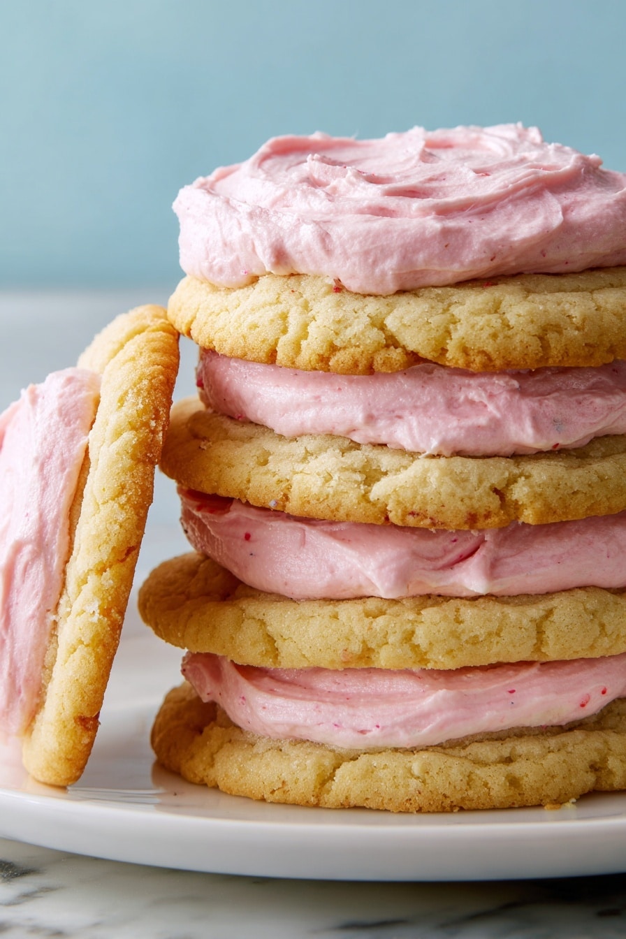 The image shows seven round cookies arranged closely on a white marbled surface. Each cookie has two visible layers: a thick, golden-brown base with a slightly rough texture, and a smooth layer of soft pink frosting spread evenly on top with swirling patterns. One cookie is divided into four pieces, revealing the same two layers inside. Light crumbs are scattered near the cut cookie, adding to the texture detail. photo taken with an iphone --ar 2:3 --v 7 - Copycat Crumbl Sugar Cookies, homemade sugar cookies, soft buttery cookies, easy cookie recipe, best sugar cookie copycat