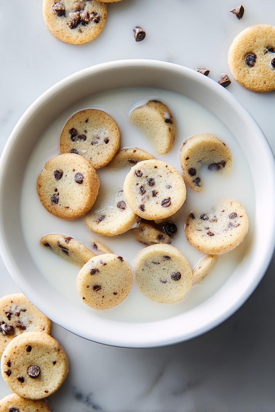 A close-up view of many small, round chocolate chip cookies spread out closely, each cookie showing a light golden brown color with a slightly crisp edge and a soft, pale beige center. The chocolate chips are scattered unevenly on the surface of the cookies, varying in size and embedded into the dough, creating small pockets of melted chocolate texture. The cookies lie flat on a white marbled surface, filling the frame with their warm tones and rough textures of dough and chips. photo taken with an iphone --ar 2:3 --v 7 - Homemade Cookie Cereal, cookie cereal recipe, breakfast cereal hack, easy cookie cereal, homemade breakfast ideas