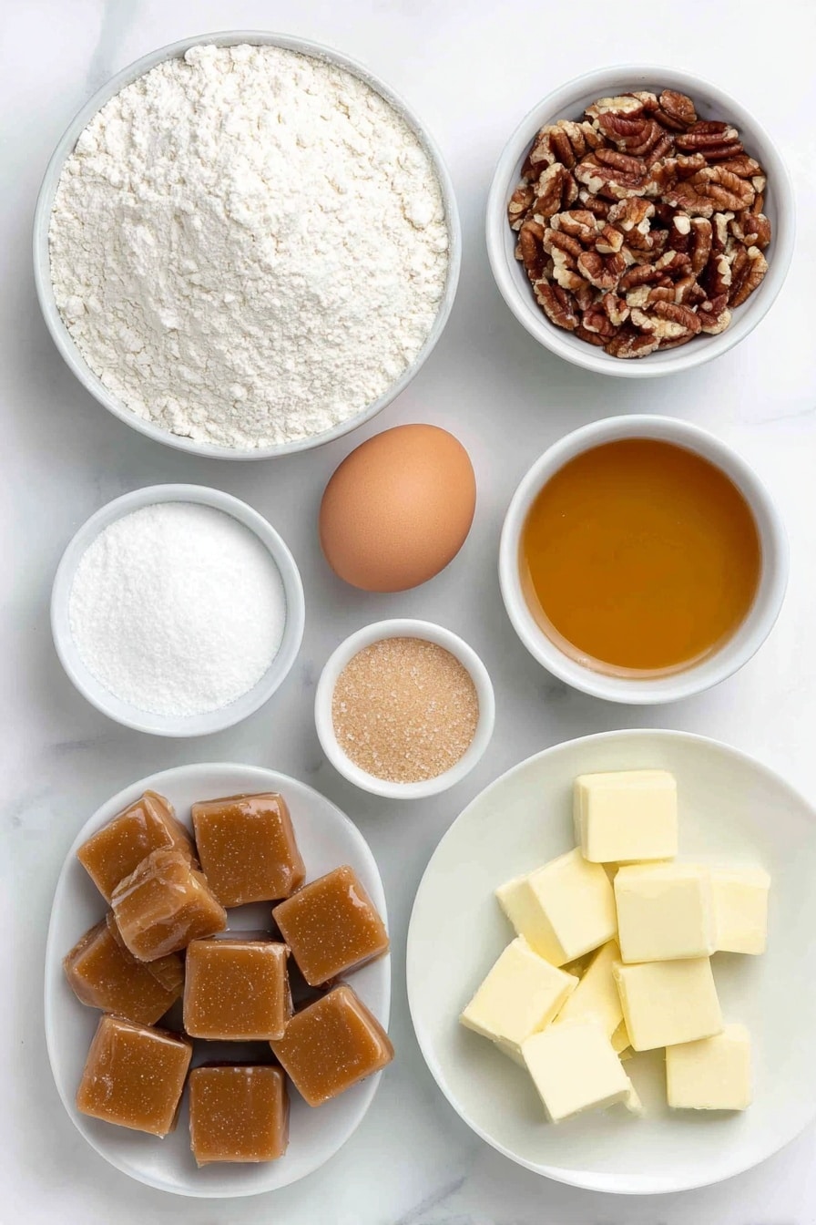 Flat lay of a small mound of all-purpose flour, a small white bowl with unsweetened cocoa powder, a small white bowl with baking soda powder, a small white bowl with kosher salt, a few cubes of unsalted butter, a small pile of light brown sugar, a small pile of granulated sugar, one large whole egg with clean shell, a small white bowl with vanilla extract, a small pile of finely chopped raw pecans, and a few soft caramel squares arranged symmetrically in simple white ceramic bowls and plates, placed on a clean white marble surface, soft natural light, photo taken with an iPhone, professional food photography style, fresh ingredients, white ceramic bowls, no bottles, no duplicates, no utensils, no packaging --ar 2:3 --v 7 --p m7354615311229779997 - Chocolate Turtle Cookies with Caramel and Pecans, decadent chocolate cookies, caramel pecan cookies, easy holiday cookie recipes, homemade chocolate cookies