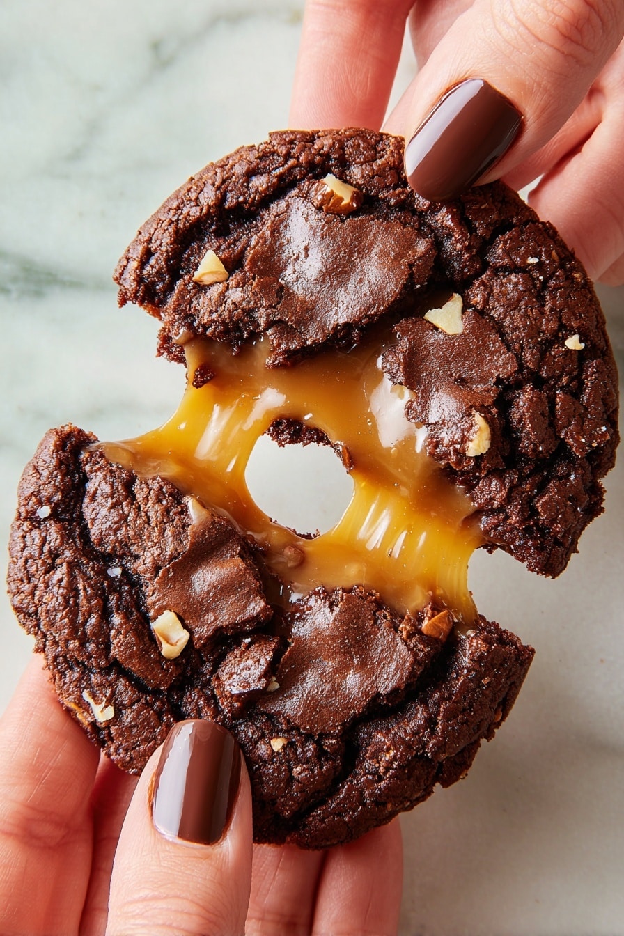 A close-up view of a broken dark brown chocolate cookie filled with a shiny, thick, golden caramel stretchy layer in the middle. The cookie has small nut pieces scattered on the top and a rough, crumbly texture. Two woman’s hands with dark brown nails hold each half of the cookie, pulling it apart to show the soft caramel inside. The background is a white marbled texture. photo taken with an iphone --ar 2:3 --v 7 - Chocolate Turtle Cookies with Caramel and Pecans, decadent chocolate cookies, caramel pecan cookies, easy holiday cookie recipes, homemade chocolate cookies