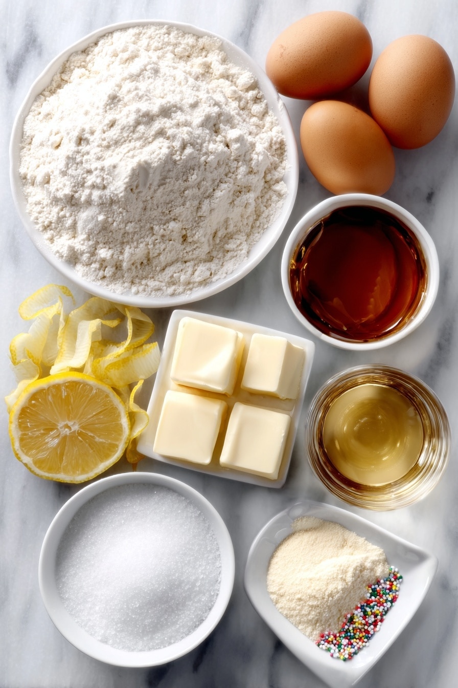 Flat lay of a small mound of fine all-purpose flour dusted lightly with extra flour grains scattered, a neat pile of granulated white sugar crystals, a few pinches of coarse kosher salt, a small heap of pale beige baking powder powder, a few cubes of creamy unsalted butter at room temperature, a bright yellow lemon with zest shavings beside it, a vibrant orange with zest curls next to it, three large whole brown eggs with smooth clean shells, a small white ceramic bowl filled with amber-colored honey, a small white ceramic bowl with freshly squeezed orange juice showing a rich orange tone, a small white ceramic bowl containing a clear light golden Marsala or white wine, a small white ceramic bowl holding pale golden canola oil, and a tiny mound of multicolored rainbow nonpareil sprinkles arranged neatly — all items arranged in perfect symmetry and balanced proportions, placed on a clean white marble surface, soft natural light, photo taken with an iPhone, professional food photography style, fresh ingredients, white ceramic bowls, no bottles, no duplicates, no utensils, no packaging --ar 2:3 --v 7 --p m7354615311229779997 - Easy Lemon Orange Struffoli, festive Lemon Orange dessert, citrus holiday treats, quick Italian sweets, crispy fried dough balls