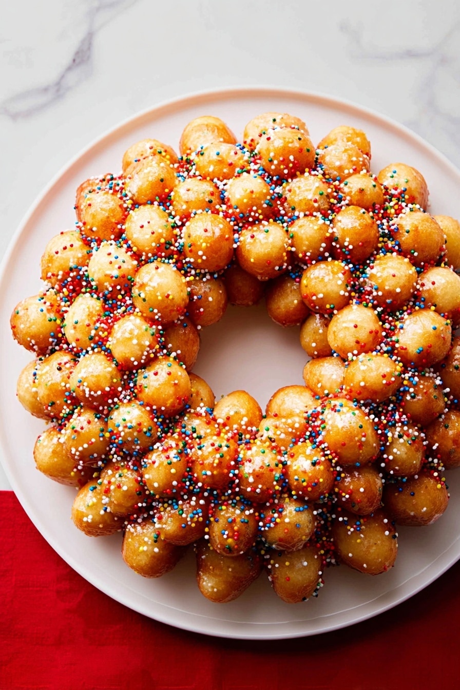 The image shows a ring-shaped dessert made of small, golden-brown dough balls stuck together, covered with colorful small round sprinkles in red, blue, yellow, white, green, and black. The dough balls have a shiny, sticky glaze that gives the dessert a glossy look. The dessert is placed on a white round plate set on a white marbled surface with a red cloth barely visible at the edge. The center of the ring is empty, showing the smooth white plate underneath. photo taken with an iphone --ar 2:3 --v 7 - Easy Lemon Orange Struffoli, festive Lemon Orange dessert, citrus holiday treats, quick Italian sweets, crispy fried dough balls