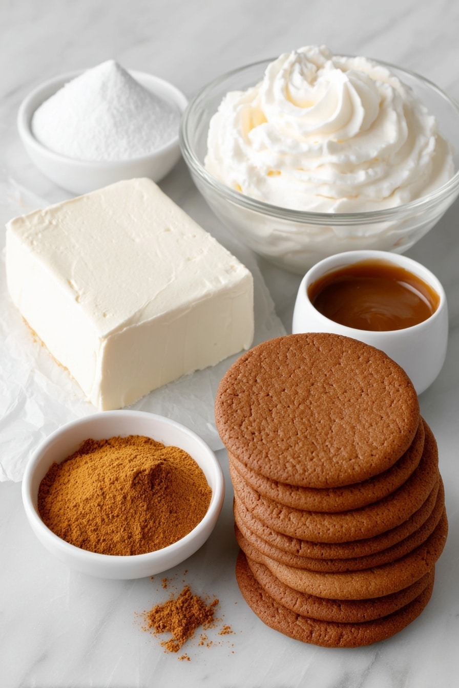 Flat lay of a block of soft cream cheese with a smooth surface, a small white bowl of fine confectioners' sugar, a small white bowl filled with rich caramel sauce, a small white bowl containing a warm-toned pumpkin pie and gingerbread spice blend powder, a tall glass bowl of cold heavy whipping cream with visible soft peaks, and a neat stack of thin, round golden-brown gingersnap cookies arranged in a perfect circle, all placed on a clean white marble surface, soft natural light, photo taken with an iPhone, professional food photography style, fresh ingredients, white ceramic bowls, no bottles, no duplicates, no utensils, no packaging --ar 2:3 --v 7 --p m7354615311229779997 - No-Bake Gingerbread Icebox Cake, gingerbread dessert, no-bake holiday cake, easy gingerbread treat, festive icebox dessert