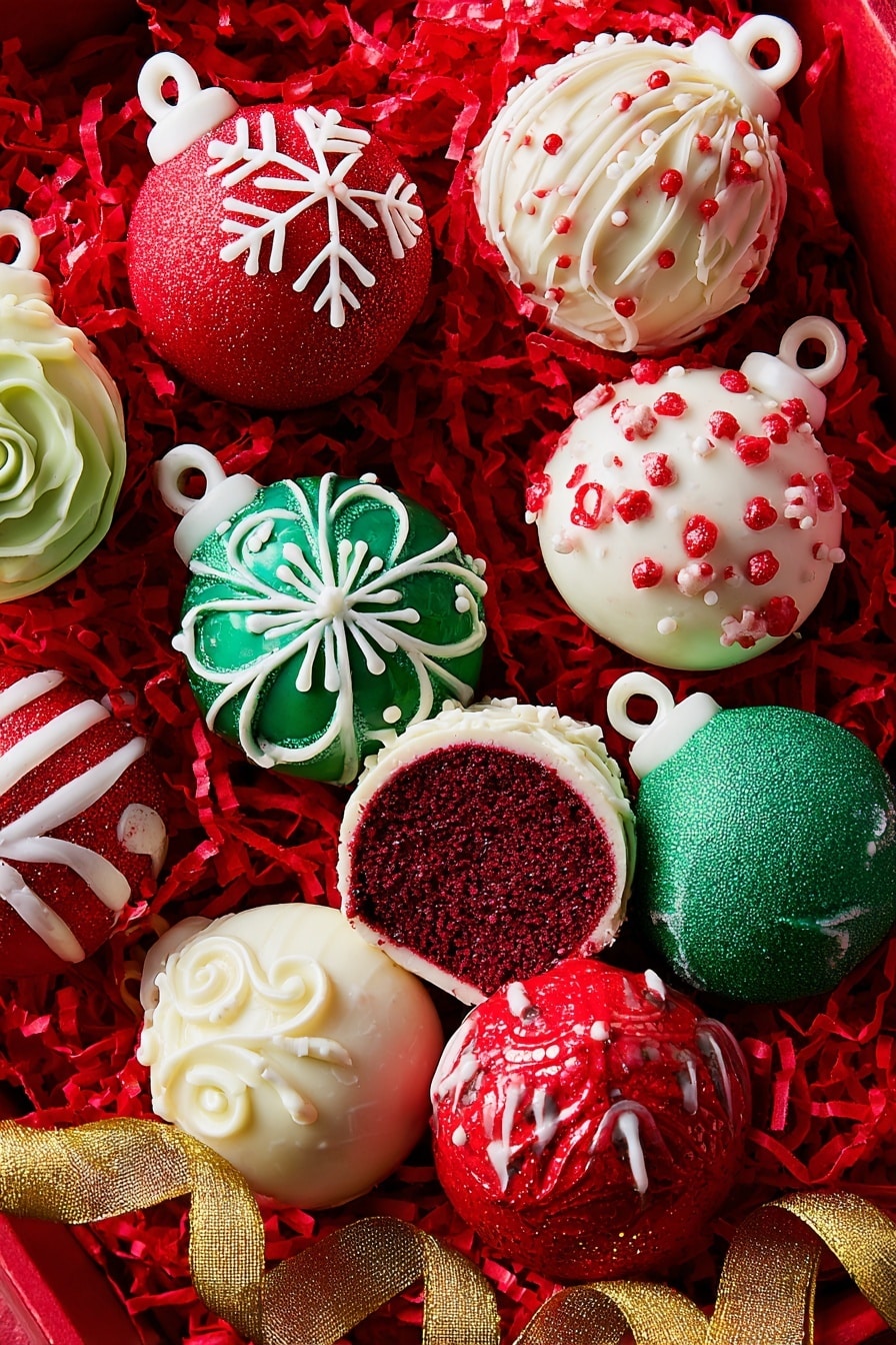The image shows a group of round, colorful cake balls designed like Christmas ornaments, each with a white circular loop on top, resting on red shredded paper in a box. There are red, green, and white cake balls, each with different textures and white icing patterns: some have smooth glossy surfaces with glitter, others are decorated with white swirls, dots, or snowflake designs. One red cake ball is cut open, revealing a deep red, moist cake inside with red and white stripes on the outside. A gold ribbon curls across the bottom left corner, adding to the festive look. The whole setting is bright and lively with a holiday theme. photo taken with an iphone --ar 2:3 --v 7 - Festive Cake Ball Ornaments, cake ball holiday decorations, edible Christmas ornaments, holiday cake ball ideas, Christmas dessert crafts