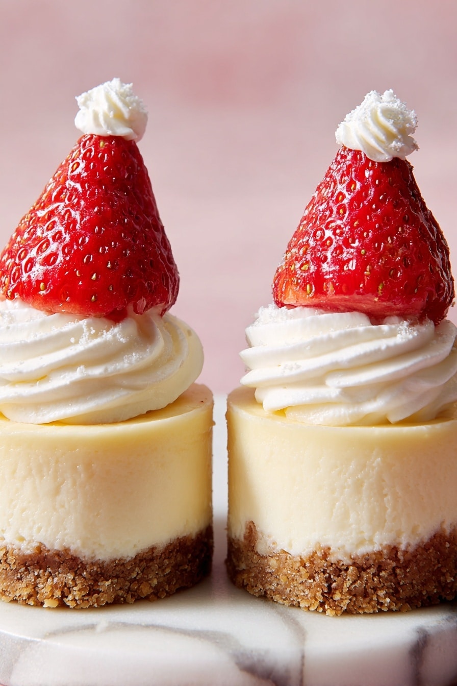 The image shows seven small round cheesecakes arranged neatly on a white plate with a thin red rim, set on a white marbled surface. Each cheesecake has three layers: a thin, dark brown crust at the bottom, a thick creamy pale yellow middle layer, and a swirl of white whipped cream topping. On top of the whipped cream sits a whole bright red strawberry, with a small dollop of white cream placed on the strawberry’s pointed end. The cheesecakes look smooth and fresh, with the shiny surface of the strawberries catching light. photo taken with an iphone --ar 2:3 --v 7 - Santa Hat Cheesecake Bites, festive cheesecake bites, holiday dessert recipes, no-bake Christmas treats, cute holiday dessert ideas