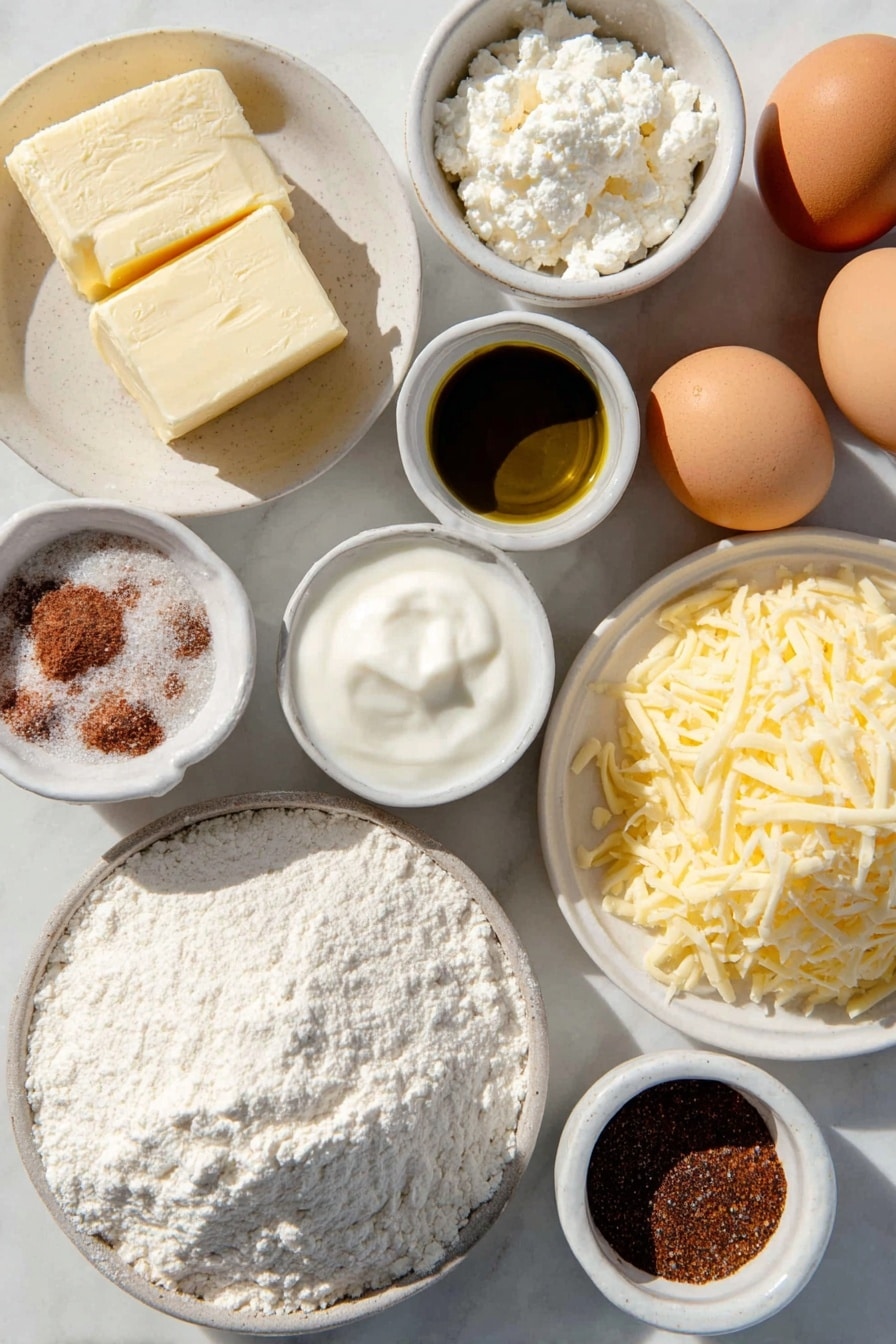 Flat lay of unsalted butter in a small white ceramic bowl, extra virgin olive oil in a small white ceramic bowl, a small white ceramic bowl of all-purpose flour, a small white ceramic bowl of fresh whole milk, a small white ceramic bowl of low sodium chicken broth, a small white ceramic bowl of cornstarch, a small white ceramic bowl of Dijon mustard, a small white ceramic bowl of fresh lemon juice, a small white ceramic bowl of Worcestershire sauce, dried parsley loosely arranged fresh sprigs of parsley, a few whole uncracked brown eggs, loose onion powder and garlic powder sprinkled lightly on the surface, fresh cracked black pepper and smoked paprika sprinkled lightly nearby, freshly shredded Gruyere Swiss cheese piled neatly on a simple white ceramic plate, freshly shredded Monterey Jack cheese on a matching white ceramic plate, thick sour cream dolloped in a small white ceramic bowl, cubed ham on a simple white ceramic plate, shredded rotisserie chicken arranged loosely on a simple white ceramic plate, thawed and dried shredded hash browns in a small white ceramic bowl, golden toasted panko breadcrumbs in a small white ceramic bowl placed on a clean white marble surface, soft natural light, photo taken with an iPhone, professional food photography style, fresh ingredients, white ceramic bowls, no bottles, no duplicates, no utensils, no packaging --ar 2:3 --v 7 --p m7354615311229779997 - Chicken Cordon Bleu Casserole, easy chicken casserole with ham and cheese, cheesy chicken bake recipe, comfort food casserole, weeknight chicken casserole