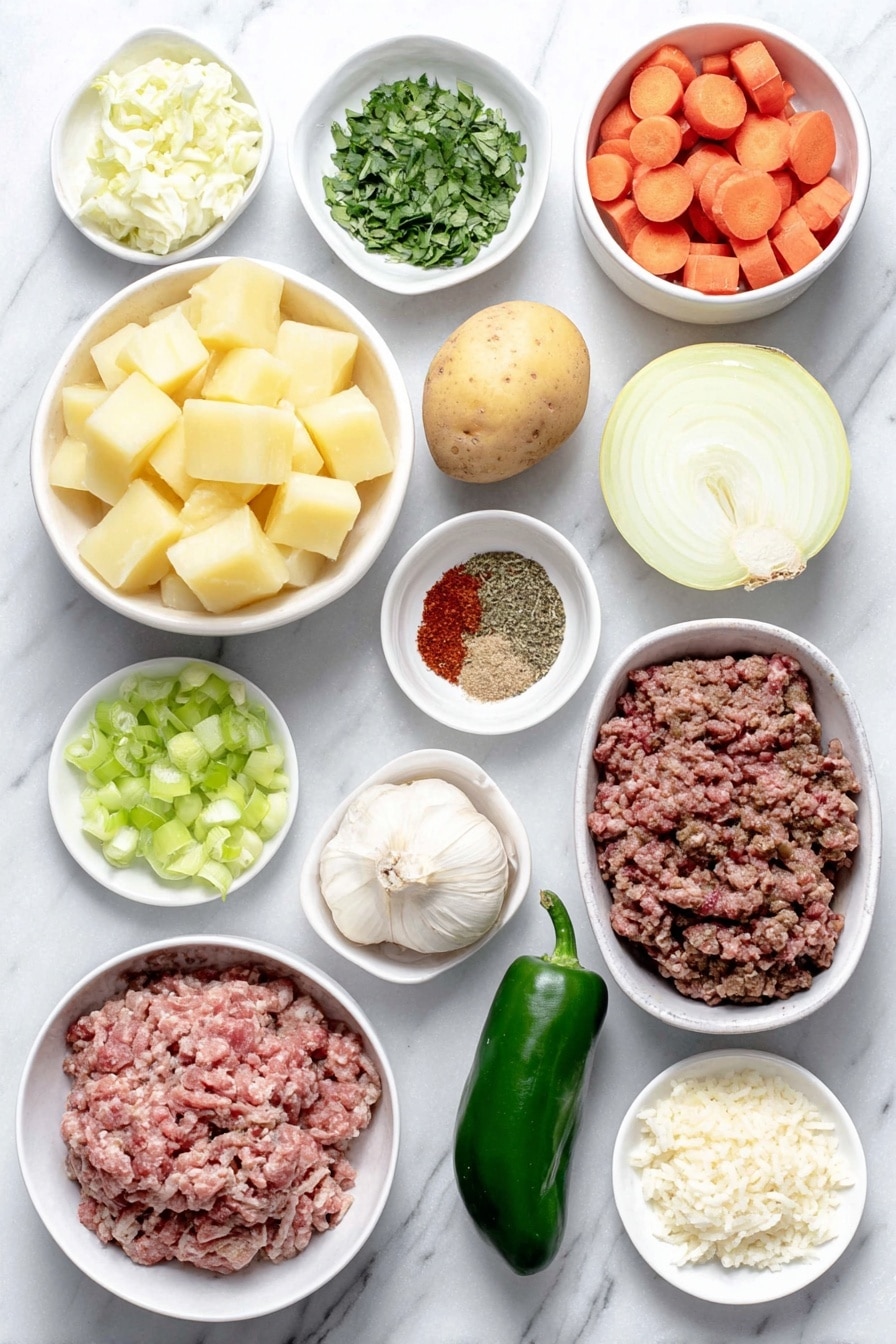 Flat lay of long-grain white rice in a small white ceramic bowl, golden yellow Yukon gold potatoes chopped into chunks on a white ceramic plate, bright orange carrot slices on a white ceramic dish, fresh green celery stalks sliced on a white ceramic plate, a small yellow onion halved with one half chopped on a white ceramic plate, vibrant green jalapeno pepper whole and minced in a small white bowl, a chayote fruit peeled and cubed on a white ceramic plate, four whole garlic cloves next to a small white bowl of minced garlic, fresh cilantro, mint, parsley, and oregano sprigs arranged in a neat row, one large whole brown egg with clean shell next to a small white bowl of olive oil, fire roasted whole tomatoes placed on a white ceramic plate, a small white bowl containing diced mild green chiles, a mound of lean ground beef and a mound of lean ground pork on separate white ceramic plates, small white bowls containing ground chili powder, ground cumin, dried oregano, ground coriander, smoked paprika, salt, and pepper, all perfectly laid out symmetrically, placed on a clean white marble surface, soft natural light, photo taken with an iPhone, professional food photography style, fresh ingredients, white ceramic bowls, no bottles, no duplicates, no utensils, no packaging --ar 2:3 --v 7 --p m7354615311229779997 - Albondigas Soup with Meatballs and Vegetables, hearty Mexican meatball soup, easy albondigas recipe, comforting Mexican soup, flavorful meatball soup