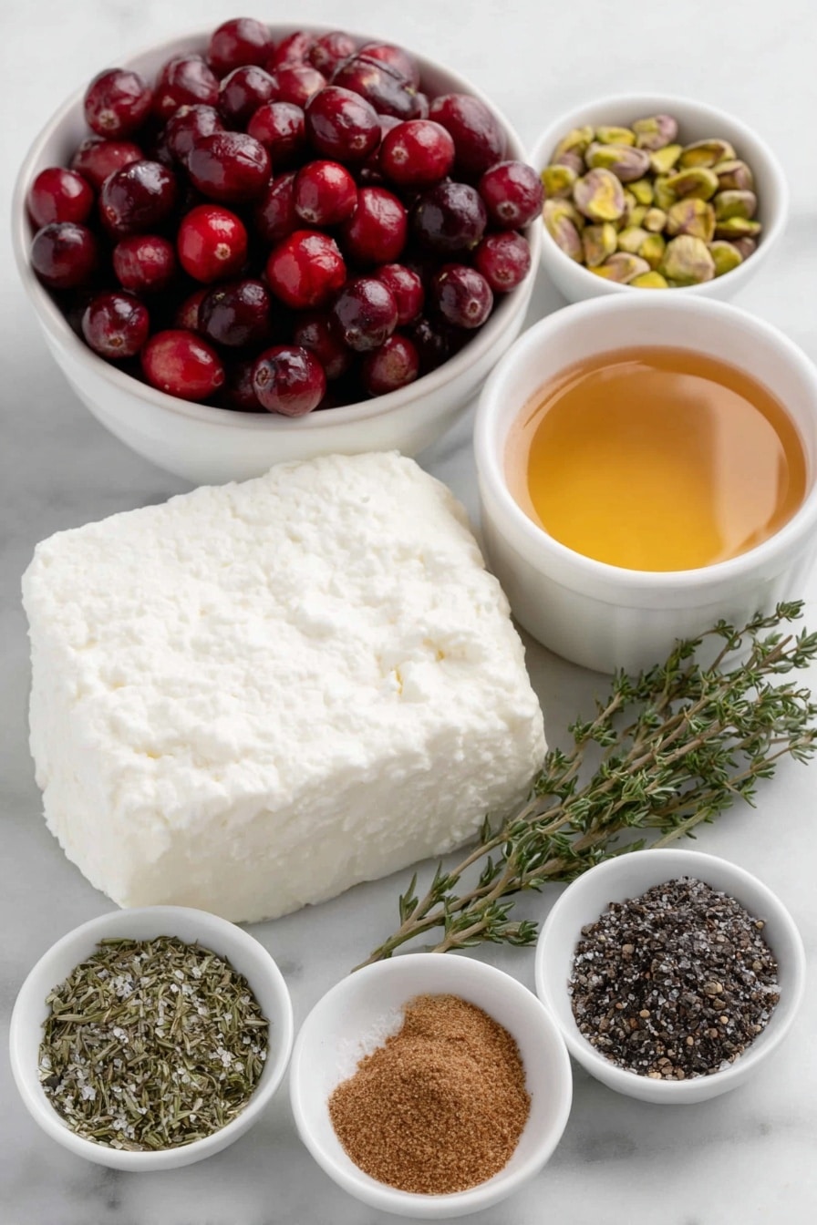 Flat lay of fresh whole cranberries with a deep red color, a small pile of shelled roasted salted pistachios in their light green and beige tones, a smooth white goat cheese log, a round block of cream cheese with a soft texture, a small white ceramic bowl filled with golden honey, small white bowls each containing ground ginger, ground cinnamon, salt, dried thyme, dried rosemary, and black pepper arranged symmetrically, all ingredients placed on a clean white marble surface, soft natural light, photo taken with an iPhone, professional food photography style, fresh ingredients, white ceramic bowls, no bottles, no duplicates, no utensils, no packaging --ar 2:3 --v 7 --p m7354615311229779997 - Cranberry Pistachio Cheese Log, holiday appetizer, easy cheese appetizer, festive cheese ball, cranberry pistachio cheese log