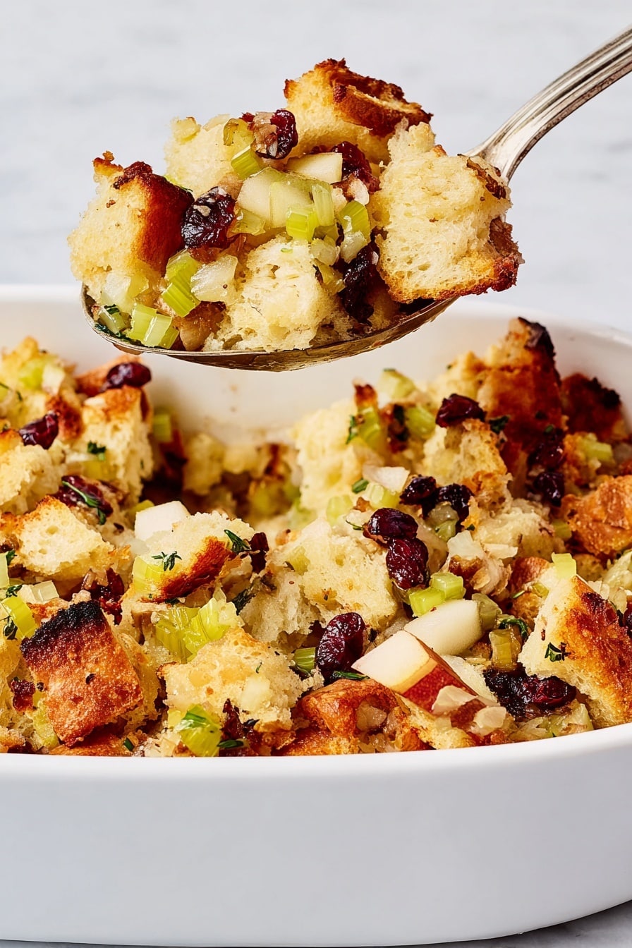 The dish shows a pile of golden toasted bread cubes mixed with small chunks of cooked onions and pieces of shiny dark red cranberries scattered throughout. Green parsley flecks are sprinkled over the dish, adding spots of color. The food is served on a large round white plate with curved edges, sitting on a white marbled surface. A silver fork rests on the right side of the plate with some bread pieces on its prongs. photo taken with an iphone --ar 2:3 --v 7 - Cranberry Stuffing with Fresh Herbs, holiday stuffing recipes, herb-infused stuffing, cranberry stuffing ideas, festive stuffing with herbs