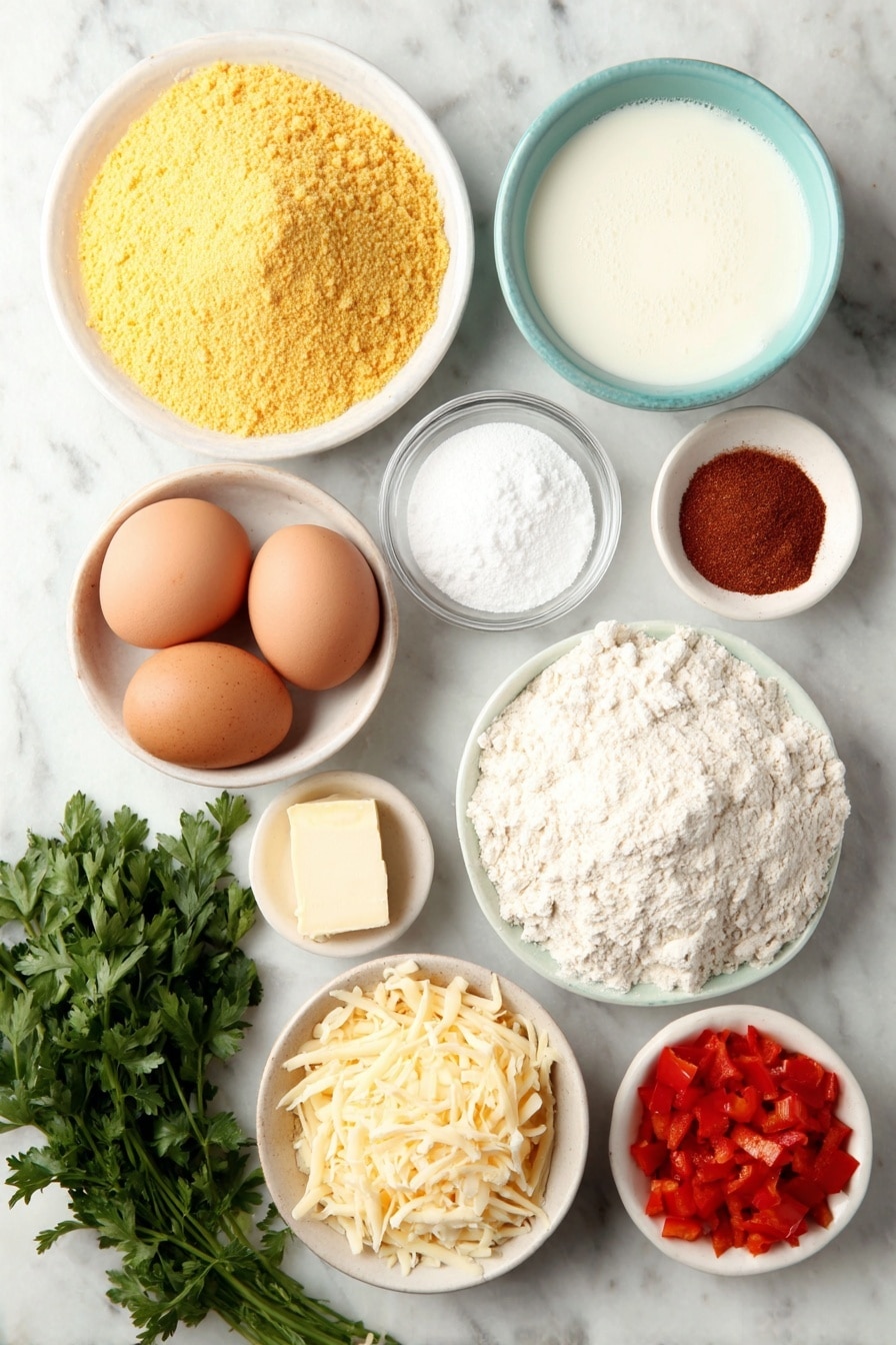 Flat lay of a small mound of bright yellow cornmeal, a small bowl of all-purpose flour, a small bowl of granulated sugar, a few teaspoons of kosher salt and baking powder arranged neatly, a tiny mound of baking soda, a pinch of garlic powder and cayenne pepper on the side, a neat pile of shredded sharp cheddar cheese, two large whole eggs with clean shells, a small white bowl filled with whole milk, a small white bowl holding melted golden butter, a small heap of diced vibrant red pimiento peppers, and a small bunch of fresh green parsley leaves, all placed around in perfect symmetry within simple white ceramic bowls and plates, placed on a clean white marble surface, soft natural light, photo taken with an iPhone, professional food photography style, fresh ingredients, white ceramic bowls, no bottles, no duplicates, no utensils, no packaging --ar 2:3 --v 7 --p m7354615311229779997 - Pimiento Cheese Corn Muffins, cheesy corn muffins, easy corn muffin recipe, spicy cheddar muffins, Southern corn muffin recipe