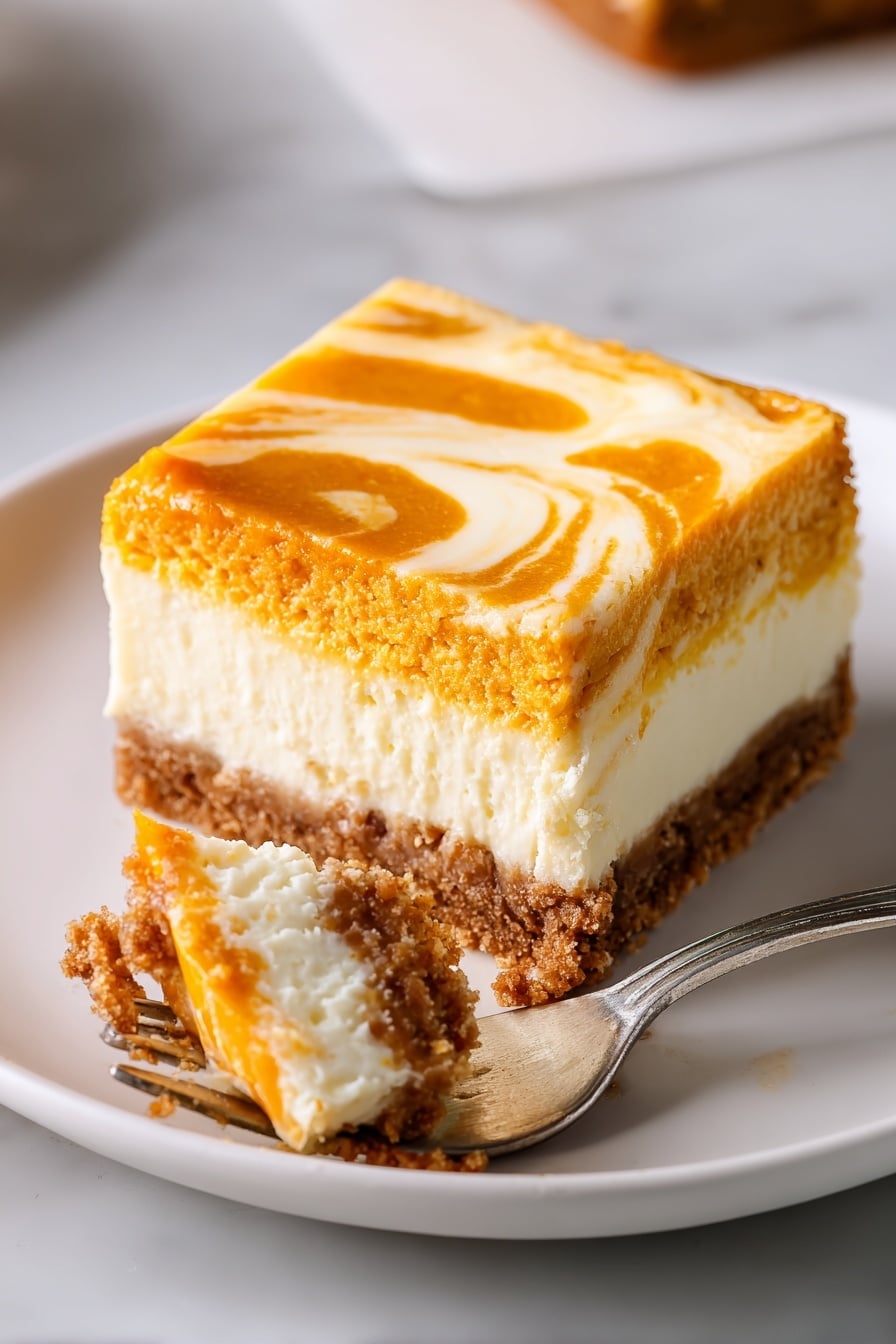 The image shows several square pieces of dessert arranged in a neat grid on a white marbled surface. Each piece has two layers: a creamy white base layer and a top layer with swirling patterns of light brown and white, creating a marbled effect. The texture on top looks soft and slightly uneven, with the swirls varying on each piece. One square piece is slightly lifted, showing the thickness of both layers clearly. Small crumb bits are scattered around some pieces. photo taken with an iphone --ar 2:3 --v 7 - Pumpkin Cheesecake Bars, pumpkin dessert, fall cheesecake bars, easy pumpkin dessert, pumpkin bar recipe