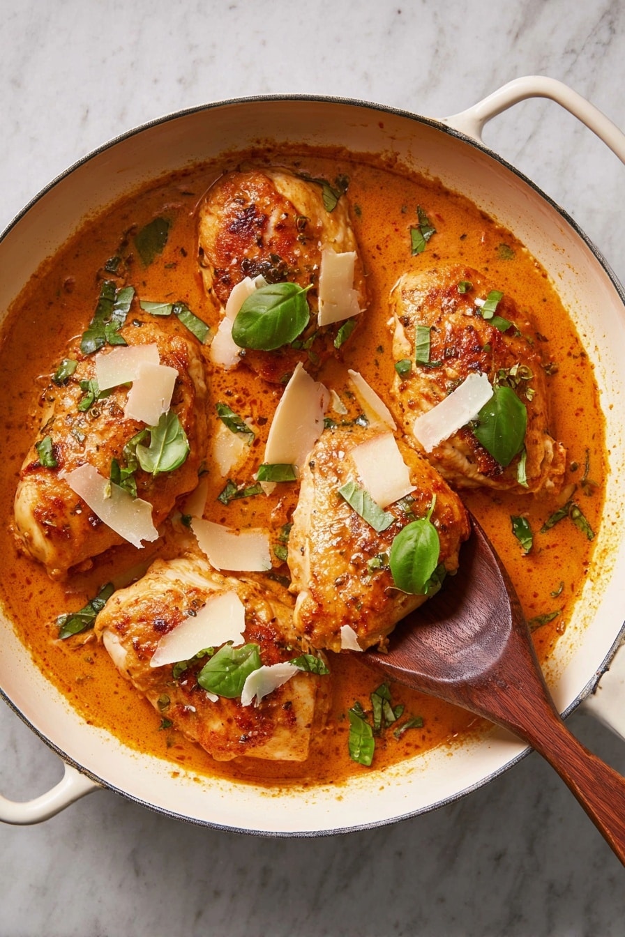 The dish has three main layers. At the bottom, there is a pile of light yellow pasta noodles with a smooth texture, some noodles looping over others. On top of the pasta, there is an orange creamy sauce lightly spread and dripped along the edges. The top layer is pieces of cooked meat with a light brown, slightly charred surface, sliced and slightly overlapping the pasta. Small green herb leaves and thin pale yellow cheese slices are scattered over the meat and sauce. The food is served on a white plate with a subtle texture. A gold fork is placed on the left side of the plate, and the background is a white marbled surface. Photo taken with an iphone --ar 2:3 --v 7 - Creamy Pumpkin Parmesan Chicken Skillet, pumpkin chicken skillet, creamy pumpkin chicken, pumpkin parm chicken, easy fall chicken recipes