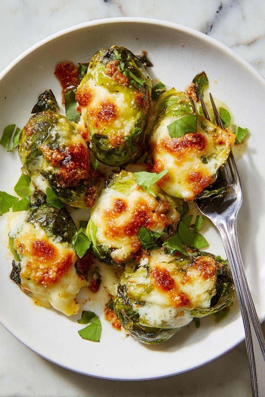 The image shows a white baking tray filled with multiple small green Brussels sprouts that are topped with golden brown melted cheese, giving a bubbly and slightly crispy texture on the top layer. The Brussels sprouts are roasted, showing some charred edges and soft, slightly broken layers underneath the cheese layer. Scattered bright green fresh parsley leaves are sprinkled all over the sprouts. A metal spatula is placed on the tray lifting some Brussels sprouts. The surface under the tray is a white marbled texture. photo taken with an iphone --ar 2:3 --v 7 - Smashed Brussels Sprouts with Cheese, crispy Brussels sprouts recipe, cheesy Brussels sprouts, easy vegetable side dish, healthy Brussels sprouts recipe