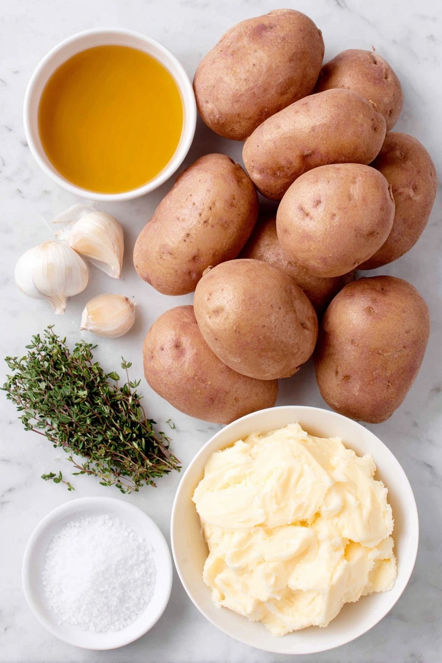 Flat lay of a rustic pile of whole unpeeled russet potatoes with rough brown skins, three fresh garlic cloves with papery skins intact, a small mound of fresh green thyme leaves, a few crystals of flaky sea salt scattered artistically, a small white ceramic bowl filled with golden melted butter, and a small white ceramic bowl holding coarse kosher salt, all arranged in perfect symmetry and balanced proportions on a clean white marble surface, soft natural light, photo taken with an iPhone, professional food photography style, fresh ingredients, white ceramic bowls, no bottles, no duplicates, no utensils, no packaging --ar 2:3 --v 7 --p m7354615311229779997 - Crispy Garlic Domino Potato Bake, garlic potato side dish, crispy potato bake, garlic butter potato recipe, layered potato bake