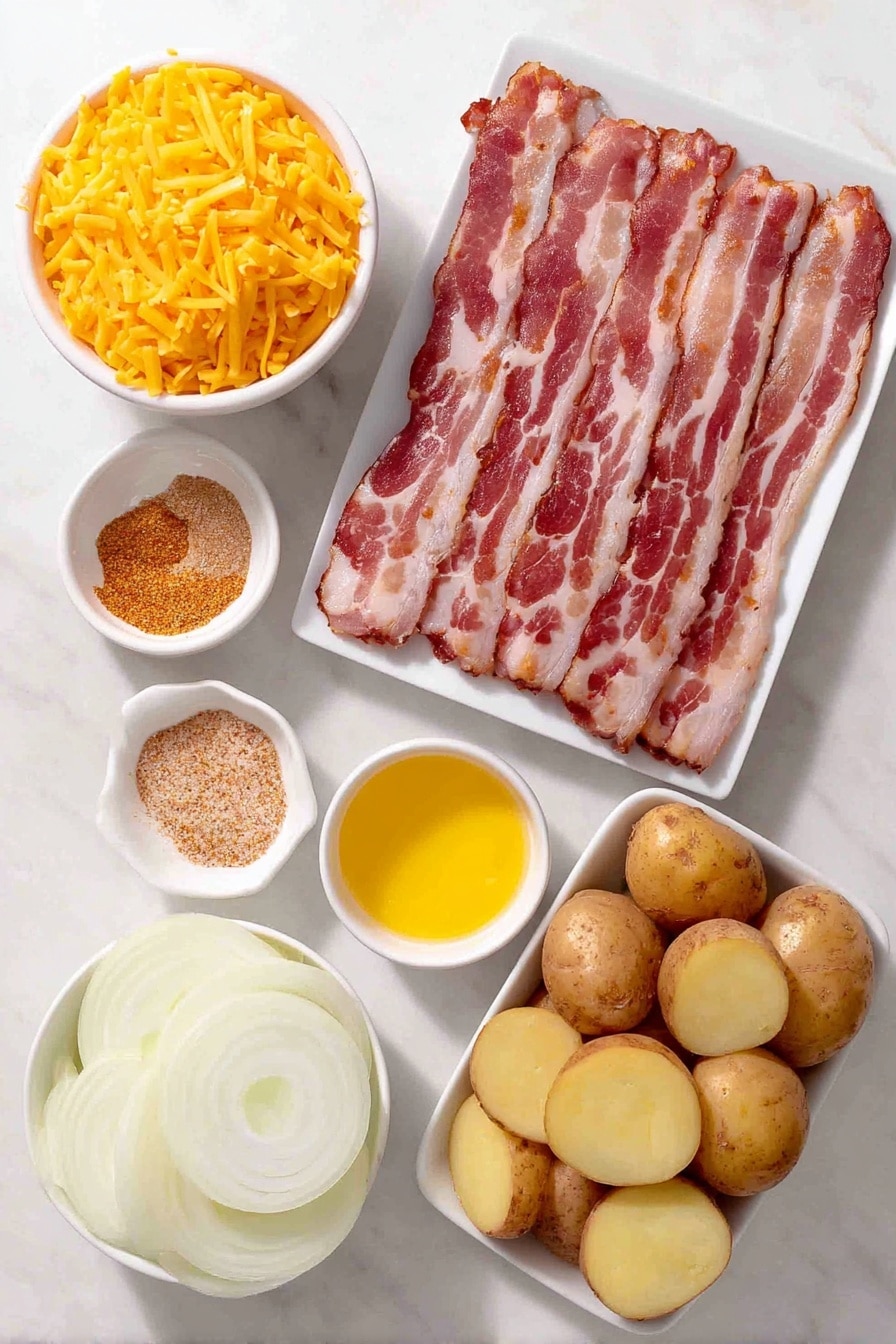 Flat lay of half pound of raw bacon strips neatly layered, a pile of halved baby potatoes with smooth skin, a large thinly sliced white onion arranged in circular layers, a small white ceramic bowl filled with sliced fresh green onions, a small white bowl holding bright orange shredded cheddar cheese, another small white bowl containing fine dry ranch seasoning powder, a small white bowl with golden melted butter, all ingredients placed with perfect symmetry on simple white ceramic plates and bowls, placed on a clean white marble surface, soft natural light, photo taken with an iPhone, professional food photography style, fresh ingredients, white ceramic bowls, no bottles, no duplicates, no utensils, no packaging --ar 2:3 --v 7 --p m7354615311229779997 - Cheesy Bacon Ranch Potatoes, slow cooker potato sides, easy bacon potato casserole, cheesy potato recipes, ranch potatoes in slow cooker