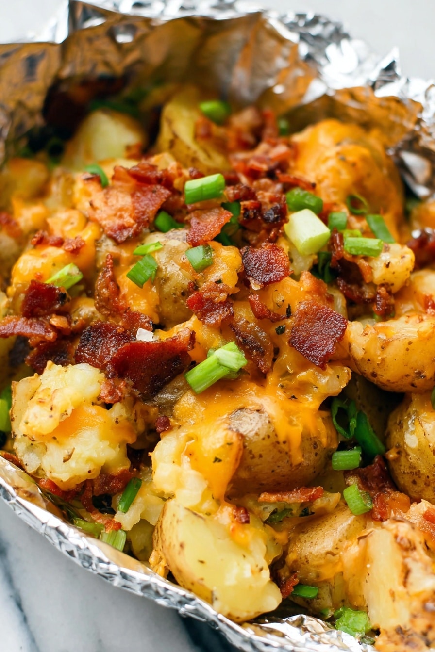 The image shows a close-up of a dish with several layers: the base layer consists of small, light yellow boiled potato pieces with skins on, scattered unevenly. On top are melted orange cheese patches melting into the potatoes and some crispy, reddish-brown bacon bits spread throughout. Small, bright green chopped scallions are sprinkled over everything, adding a fresh contrast. The dish is served in a foil-lined container, resting on a white marbled surface. photo taken with an iphone --ar 2:3 --v 7 - Cheesy Bacon Ranch Potatoes, slow cooker potato sides, easy bacon potato casserole, cheesy potato recipes, ranch potatoes in slow cooker