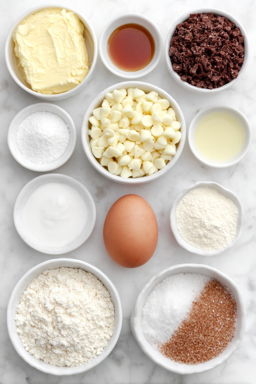 Flat lay of melted golden butter in a small white bowl, a small white bowl of dark brown sugar crystals, one large whole brown egg with a smooth shell, one whole egg yolk in a small white bowl, a small white bowl of amber molasses syrup, a small white bowl of fine white all-purpose flour, a small white bowl of white chocolate chips, a small white bowl of light beige powdered ground ginger, a small white bowl of warm brown cinnamon powder, a small white bowl of fine off-white cornstarch, a small white bowl of light tan ground cloves, a small white bowl of pale brown nutmeg powder, a small white bowl of off-white baking powder, a small white bowl of coarse salt crystals, a small white bowl with a mix of cinnamon and sugar granules for topping, all arranged in perfect symmetry on a clean white marble surface, soft natural light, photo taken with an iPhone, professional food photography style, fresh ingredients, white ceramic bowls, no bottles, no duplicates, no utensils, no packaging --ar 2:3 --v 7 --p m7354615311229779997 - Gingerbread Blondies with White Chocolate, gingerbread blondies, white chocolate blondies, holiday blondie recipe, spiced dessert blondies