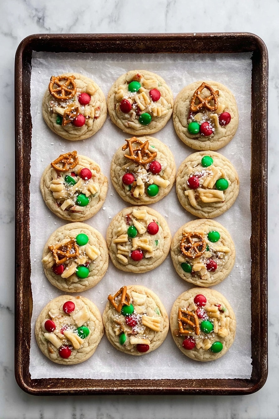 The image shows eleven round cookies arranged in a triangle shape on white parchment paper on a dark baking tray. Each cookie has a light beige base with a soft texture. They are topped with red and green candy pieces, small broken pretzel shapes in golden brown, and light beige ridged potato chip pieces. Some cookies have light sprinkles of salt on top. The baking tray sits on a white marbled surface. photo taken with an iphone --ar 2:3 --v 7 - Santa's Mix-In Cookies, holiday cookie recipe, festive cookie ideas, fun cookie recipes, easy Christmas cookies