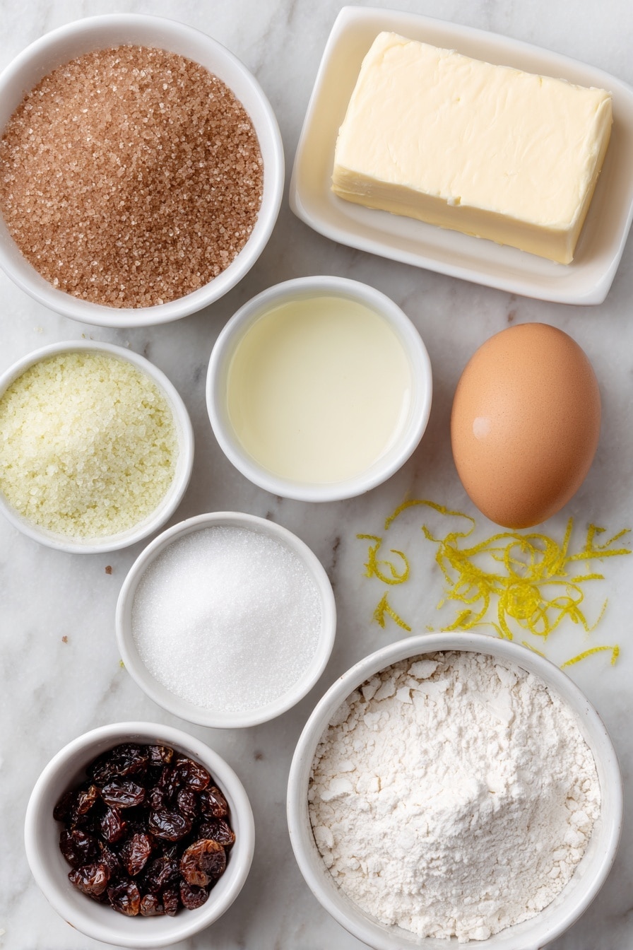Flat lay of granulated sugar in a small white ceramic bowl, brown sugar in a small white ceramic bowl, a few thin strips of bright yellow lemon zest scattered nearby, a rectangular slab of salted butter, one large whole brown egg, a small white ceramic bowl of pale vanilla extract, a small white ceramic bowl of fresh lemon juice, all-purpose flour in a small white ceramic bowl, a pinch of salt in a small white ceramic bowl, a small white ceramic bowl containing baking soda powder, a small white ceramic bowl of chopped dried cranberries, a small white ceramic bowl of powdered sugar placed on a clean white marble surface, soft natural light, photo taken with an iPhone, professional food photography style, fresh ingredients, white ceramic bowls, no bottles, no duplicates, no utensils, no packaging --ar 2:3 --v 7 --p m7354615311229779997 - Lemon Cranberry Cookies, lemon cranberry cookie recipe, tart and sweet cookies, easy lemon cookie recipes, fruity holiday cookies