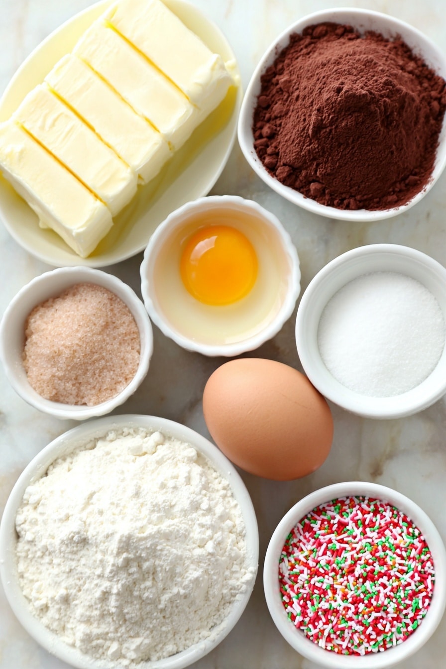 Flat lay of a small slab of salted butter still firm, a small heap of granulated sugar, a small heap of brown sugar, one large whole egg with a clean shell, one separate egg yolk in a small white ceramic bowl, a small white bowl of vanilla extract, small white bowls containing baking powder, baking soda, and salt separately, a small white bowl filled with cocoa powder, a small mound of all-purpose flour, and a small white bowl filled with colorful rainbow jimmie sprinkles, all arranged symmetrically on simple white ceramic dishes and bowls, placed on a clean white marble surface, soft natural light, photo taken with an iPhone, professional food photography style, fresh ingredients, white ceramic bowls, no bottles, no duplicates, no utensils, no packaging --ar 2:3 --v 7 --p m7354615311229779997 - Chocolate Sprinkle Cookies, colorful chocolate cookies, fun cookies with sprinkles, easy chocolate cookies, festive sprinkle cookies