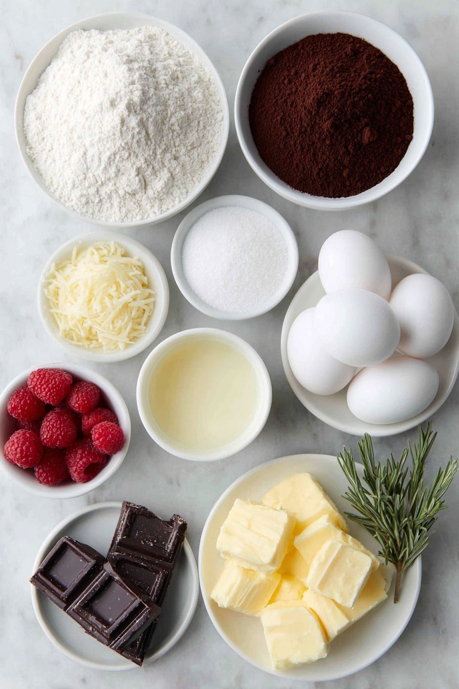 Flat lay of a small mound of plain all-purpose flour in a simple white ceramic bowl, a separate small white bowl filled with dark unsweetened cocoa powder, a small white bowl of white granulated sugar, a few whole uncracked brown eggs arranged neatly, a small white bowl holding smooth pale vegetable oil, a small white bowl containing creamy full-fat milk, a tiny white bowl of instant coffee powder, a small white bowl of fine white powdered sugar, a small white bowl of unsalted butter cut into soft cubes, a small white bowl of dark chocolate finely shaved into thin curls, a scattering of fresh red raspberries, and a few fresh rosemary sprigs, all arranged symmetrically on a clean white marble surface, soft natural light, photo taken with an iPhone, professional food photography style, fresh ingredients, white ceramic bowls, no bottles, no duplicates, no utensils, no packaging --ar 2:3 --v 7 --p m7354615311229779997 - Mini Chocolate Cake Bites with Fluffy Buttercream, chocolate cake bites, mini chocolate cupcakes, fluffy buttercream frosting, chocolate dessert bites