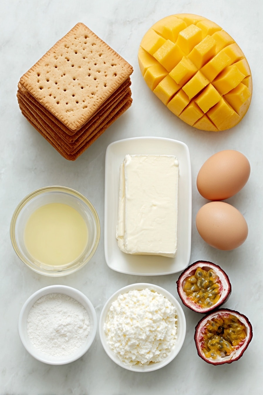 Flat lay of a stack of seventeen whole Arnott’s Marie biscuits arranged in a neat pile, a small white ceramic bowl filled with melted golden unsalted butter, another small white bowl containing fine white sugar crystals, two large ripe mangoes with vibrant golden-orange flesh beside a white ceramic bowl of smooth mango puree, two blocks of creamy Philadelphia cream cheese with a soft texture, a small white bowl overflowing with fluffy white whipping cream, a small white bowl with gelatin powder sprinkled on cold clear water forming a glossy surface, another small white bowl holding cold water with gelatin powder starting to dissolve, a small white bowl of fresh pale yellow lemon juice, one whole large mango cut into neat cubes arranged symmetrically on a simple white plate, two halved passionfruit showing bright yellow-orange pulp and black seeds arranged side by side, and two whole brown eggs with clean shells placed symmetrically—everything arranged in perfect balance and symmetry on a clean white marble surface, soft natural light, photo taken with an iPhone, professional food photography style, fresh ingredients, white ceramic bowls, no bottles, no duplicates, no utensils, no packaging --ar 2:3 --v 7 --p m7354615311229779997 - No Bake Mango Cheesecake, Mango Cheesecake, No Bake Dessert, Tropical Fruit Cheesecake, Easy Mango Cheesecake