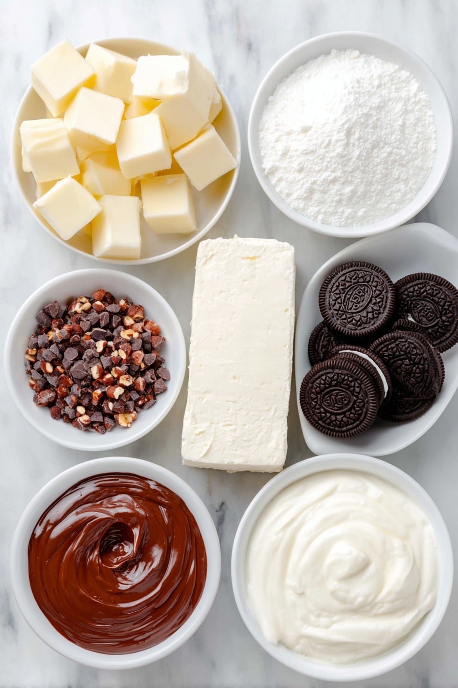 Flat lay of a small pile of whole Oreo cookies showing the black chocolate biscuit and white cream, a few cubes of pale yellow unsalted butter, a small white bowl of clear water, a block of smooth cream cheese, a small white bowl of soft icing sugar powder, a small white bowl filled with glossy dark brown Nutella spread, two small white bowls each with thickened cream, a small white bowl of dark chocolate chips, a small white bowl of chopped toasted hazelnuts with a light golden brown color, placed on a clean white marble surface, soft natural light, photo taken with an iPhone, professional food photography style, fresh ingredients, white ceramic bowls, no bottles, no duplicates, no utensils, no packaging --ar 2:3 --v 7 --p m7354615311229779997 - No-Bake Nutella Cheesecake, easy Nutella dessert, no-bake cheesecake recipe, creamy Nutella cheesecake, no-bake dessert ideas