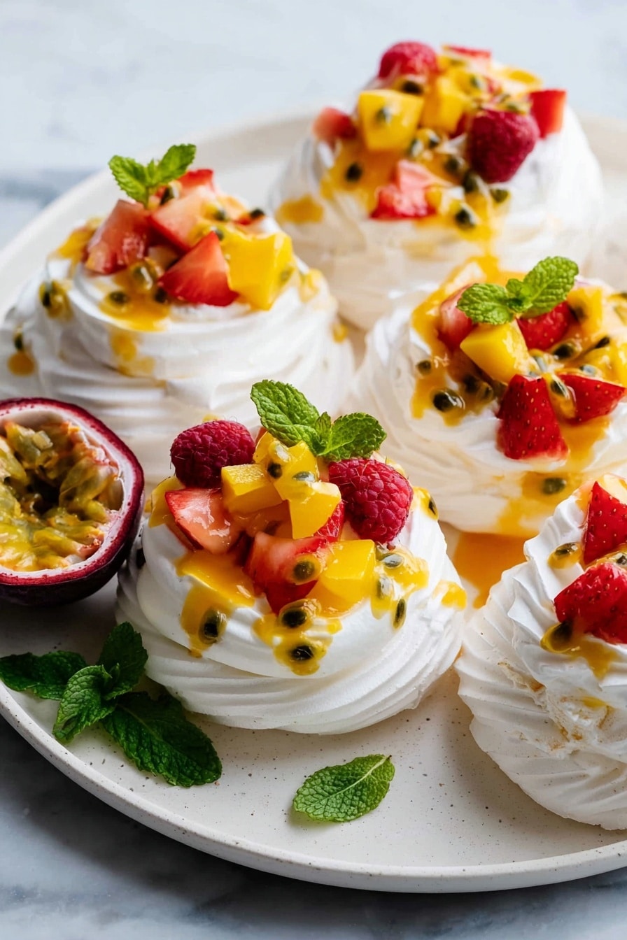 There are six mini pavlovas arranged on a white plate, each having three visible layers: a crisp white meringue base with swirled texture, a middle layer of smooth white cream, and a colorful topping of diced yellow mango, red strawberries, and red raspberries. Passion fruit pulp with yellow-orange color and black seeds is drizzled over the tops, adding shine and texture. The plate sits on a white marbled surface, and a halved passion fruit with juicy yellow pulp is placed in the front left of the plate. Bright green mint leaves add small pops of color around the pavlovas. The overall look is fresh, vibrant, and inviting, photo taken with an iphone --ar 2:3 --v 7 - Mini Pavlova Cups with Fresh Fruit, pavlova cups, fruit-topped pavlova, mini meringue desserts, easy pavlova ideas