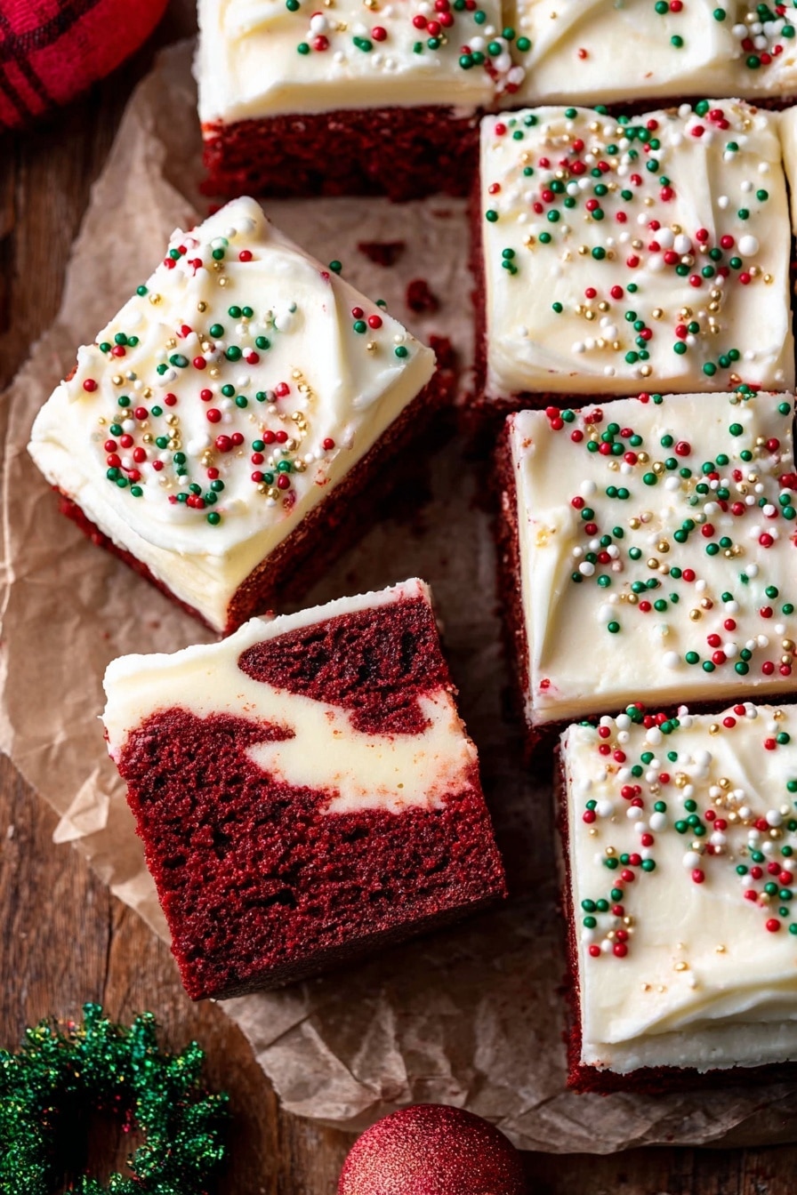 A single slice of red velvet cake with two visible layers sits on a white plate with ridged edges. The bottom layer is dark red with a moist, slightly crumbly texture. In the middle, there is a swirl of white cream cheese layer that blends into the cake. The top layer of the slice is a thick white frosting with a smooth and creamy texture, decorated with small red, green, and yellow round sprinkles scattered on the edge. The white plate rests on a white marbled surface with some red crumbs around it. photo taken with an iphone --ar 2:3 --v 7 - Red Velvet Cheesecake Cake, Red Velvet Cheesecake Cake recipe, layered red velvet cheesecake, best red velvet cake with cream cheese frosting, easy red velvet cheesecake dessert