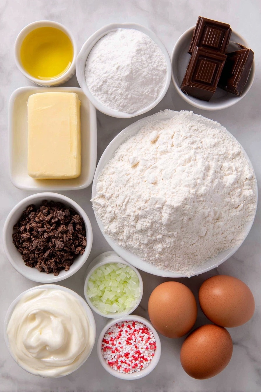 Flat lay of a small mound of all-purpose flour on a simple white ceramic plate, a small white bowl with baking powder, another small white bowl with baking soda, a small white bowl with salt, a chunk of unsalted butter with a smooth surface, a small white bowl of clear canola oil, a small white bowl filled with white granulated sugar, a small white bowl holding creamy sour cream, a small white bowl containing green food dye droplets, three large brown whole eggs, a small white bowl with creamy buttermilk, chopped Andes mints scattered loosely on the surface, a block of cream cheese with a clean cut edge, a small white bowl filled with powdered sugar, and red heart-shaped jumbo sprinkles arranged neatly — all placed on a clean white marble surface, soft natural light, photo taken with an iPhone, professional food photography style, fresh ingredients, white ceramic bowls, no bottles, no duplicates, no utensils, no packaging --ar 2:3 --v 7 --p m7354615311229779997 - Grinch Cake with Green Cream Cheese Frosting, holiday cake recipes, festive green cake, Christmas dessert ideas, green frosting cake