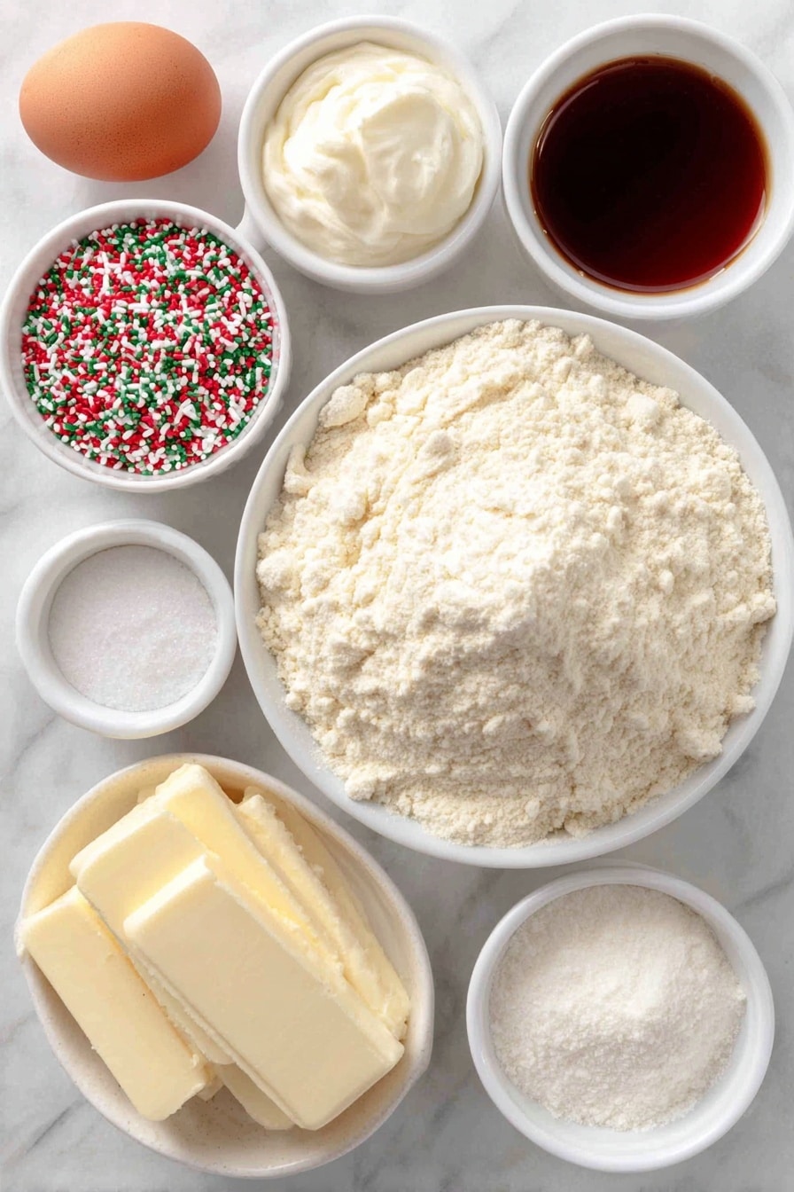 Flat lay of a mound of all-purpose flour in a small white ceramic bowl, a small white bowl filled with colorful Christmas jimmie sprinkles, a stick of unsalted butter with a soft texture resting on the ceramic surface, a small white bowl of white granulated sugar, two large whole brown eggs with clean shells, a small white bowl of pure vanilla extract, a small white bowl of sifted powdered sugar, a small white bowl containing heavy cream, and a small white bowl holding a pinch of salt, all arranged in perfect symmetry on a clean white marble surface, soft natural light, photo taken with an iPhone, professional food photography style, fresh ingredients, white ceramic bowls, no bottles, no duplicates, no utensils, no packaging --ar 2:3 --v 7 --p m7354615311229779997 - Christmas Sugar Cookies with Whipped Frosting, festive holiday cookies, Christmas cookie recipes, soft and chewy sugar cookies, holiday baking treats
