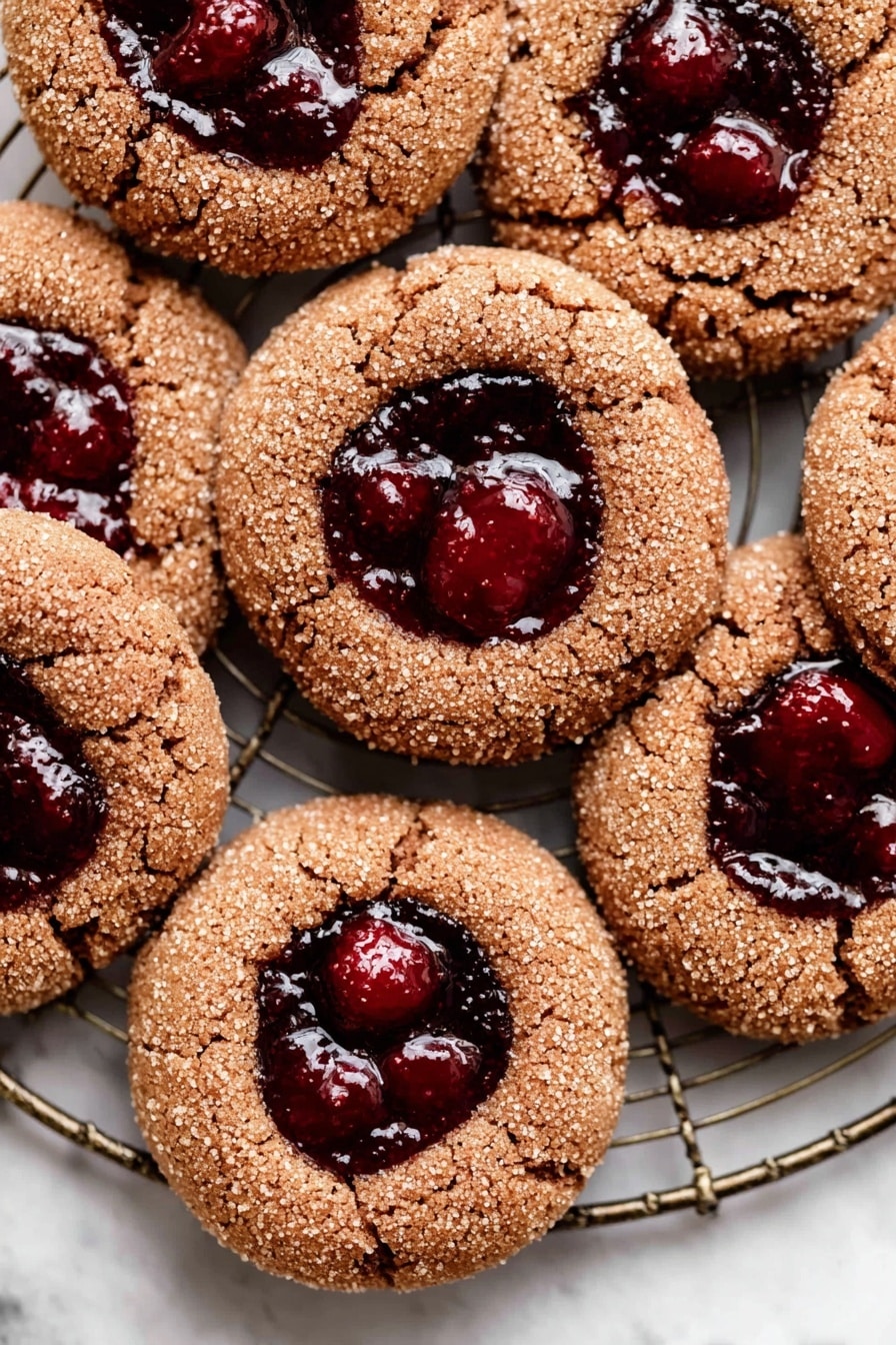 The image shows several round chocolate cookies with a rough sugar-coated texture, arranged closely on a cooling rack over a white marbled surface. Each cookie has a deep dark red cherry filling placed in the center, which looks shiny and thick with whole cherries visible inside. The cookies are slightly raised around the jam, giving a small bowl-like shape holding the filling. The overall color palette is mainly dark brown and rich red, with the metal black cooling rack barely visible under the cookies. photo taken with an iphone --ar 2:3 --v 7 - Chocolate Cherry Cookies, Cherry Chocolate Cookies, Homemade Chocolate Cherry Cookies, Soft Fudgy Cherry Cookies, Cherry Chocolate Dessert
