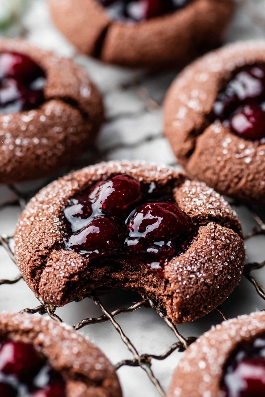 The image shows round chocolate cookies arranged on a cooling rack over a white marbled surface. Each cookie has a deep brown, slightly rough-textured base covered with a layer of sparkling sugar crystals. The center of each cookie holds a thick dollop of shiny dark red cherry jam with visible whole cherries, creating a glossy, rich contrast against the matte cookie base. One cookie in the center is broken in half, revealing a soft and crumbly inside with jam oozing out. The focus is on the broken cookie, while others softly blur in the background. Photo taken with an iphone --ar 2:3 --v 7 - Chocolate Cherry Cookies, Cherry Chocolate Cookies, Homemade Chocolate Cherry Cookies, Soft Fudgy Cherry Cookies, Cherry Chocolate Dessert