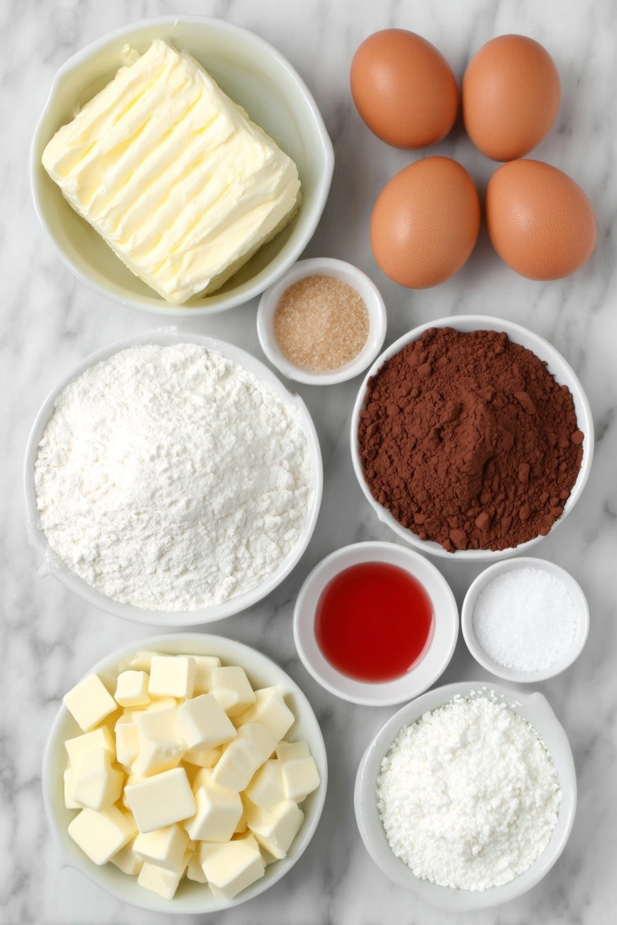 Flat lay of a small mound of unsalted butter, a small white ceramic bowl with packed light brown sugar, a small white ceramic bowl with granulated sugar, two large brown eggs with clean shells, a small white ceramic bowl of clear vanilla extract, a small white ceramic bowl with vibrant red liquid food coloring, a small pile of all-purpose flour, a small mound of natural cocoa powder, a small white ceramic bowl with baking soda powder, a small white ceramic bowl with fine salt, and chopped white chocolate chunks arranged neatly in a small white ceramic bowl, all arranged symmetrically on a clean white marble surface, soft natural light, photo taken with an iPhone, professional food photography style, fresh ingredients, white ceramic bowls, no bottles, no duplicates, no utensils, no packaging --ar 2:3 --v 7 --p m7354615311229779997 - Red Velvet White Chocolate Cookies, red velvet cookie recipe, white chocolate cookies, colorful cookie ideas, easy cookie recipes