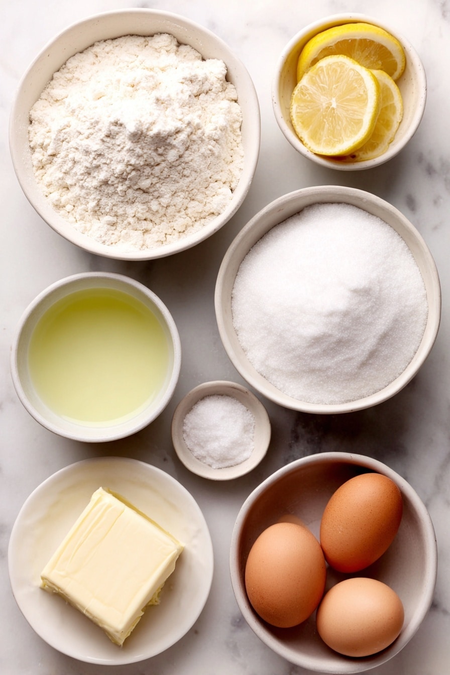 Flat lay of a small mound of all-purpose flour, a white ceramic bowl with a powder of baking powder, a pinch of salt in a tiny white ceramic bowl, a half cup of softened unsalted butter shaped into a smooth square, a small pile of granulated sugar, two whole brown eggs with clean shells, a small white ceramic bowl containing lemon juice, a few fresh lemon zests arranged neatly, a larger white ceramic bowl filled with fine confectioners' sugar, a small white ceramic bowl with water, placed on a clean white marble surface, soft natural light, photo taken with an iPhone, professional food photography style, fresh ingredients, white ceramic bowls, no bottles, no duplicates, no utensils, no packaging --ar 2:3 --v 7 --p m7354615311229779997 - Lemon Drop Cookies with Lemon Icing, Lemon Drop Cookies, Lemon Cookie Recipe, Citrus Cookies, Lemon Dessert
