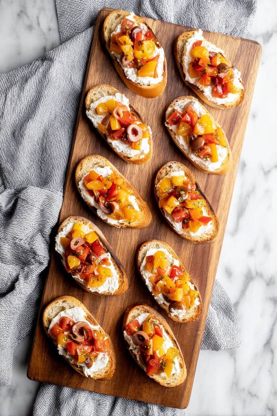 The image shows a wooden board with eleven small slices of crusty bread arranged in rows. Each slice has three layers: a base layer of light golden-brown toasted bread, a thick middle layer of creamy white cheese spread, and a top layer of diced red and yellow cherry tomatoes. The wooden board rests on a white marbled surface with a light gray cloth partially visible on the left side. The photo is taken with an iphone --ar 2:3 --v 7 - Whipped Ricotta Crostini with Cherry Tomatoes, easy appetizer recipes, elegant party snacks, healthy appetizer ideas, quick vegan starters